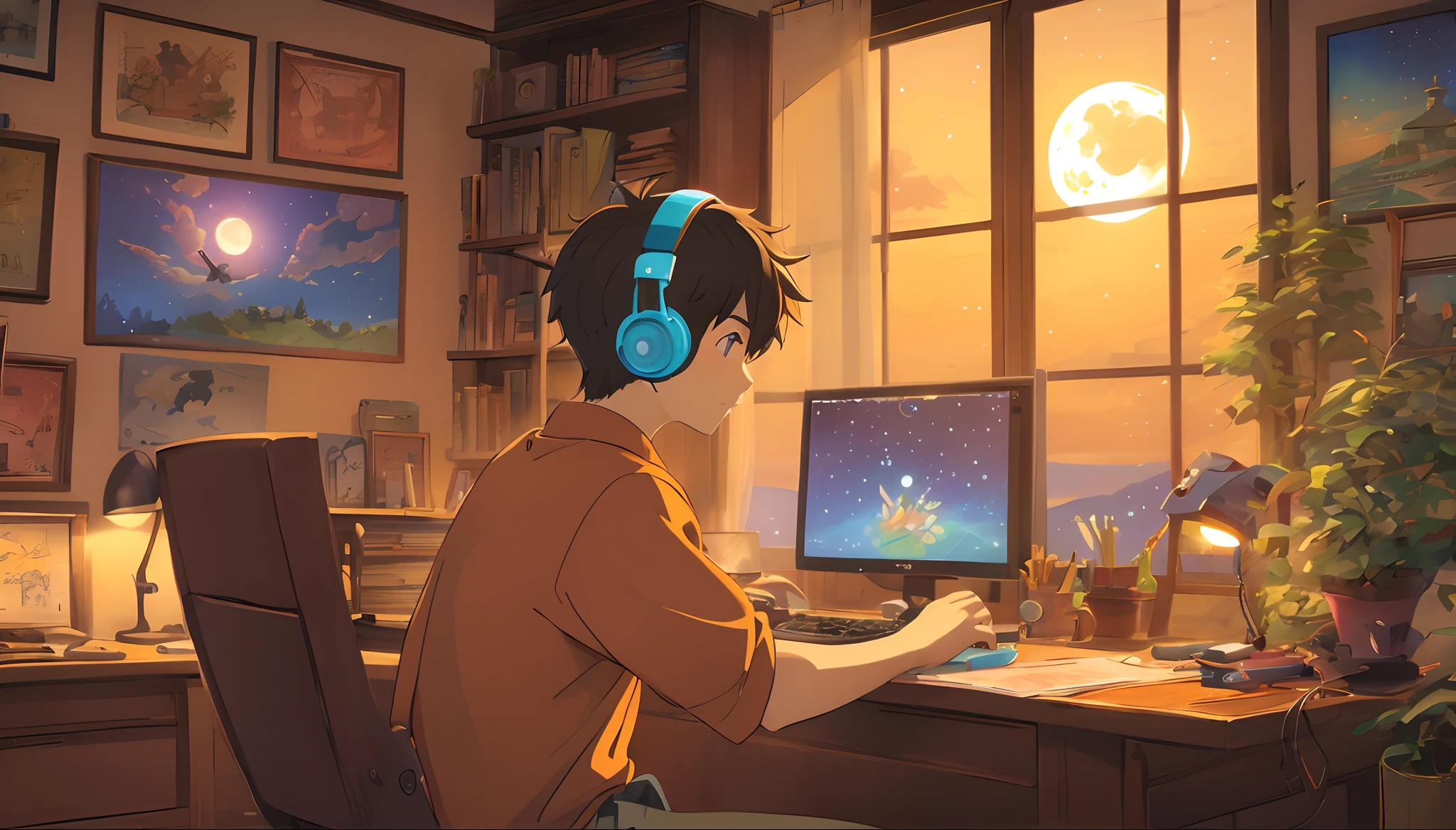 (masterpiece) a boy (male) studying sitting in his room, over his desk, with headphones on, nerd decoration, video game on the wall, posters, window showing the moon and stars, calm, peacefull, thinking, Cinematic, Color grading, beautifully color-coded, video game, intendo, psone