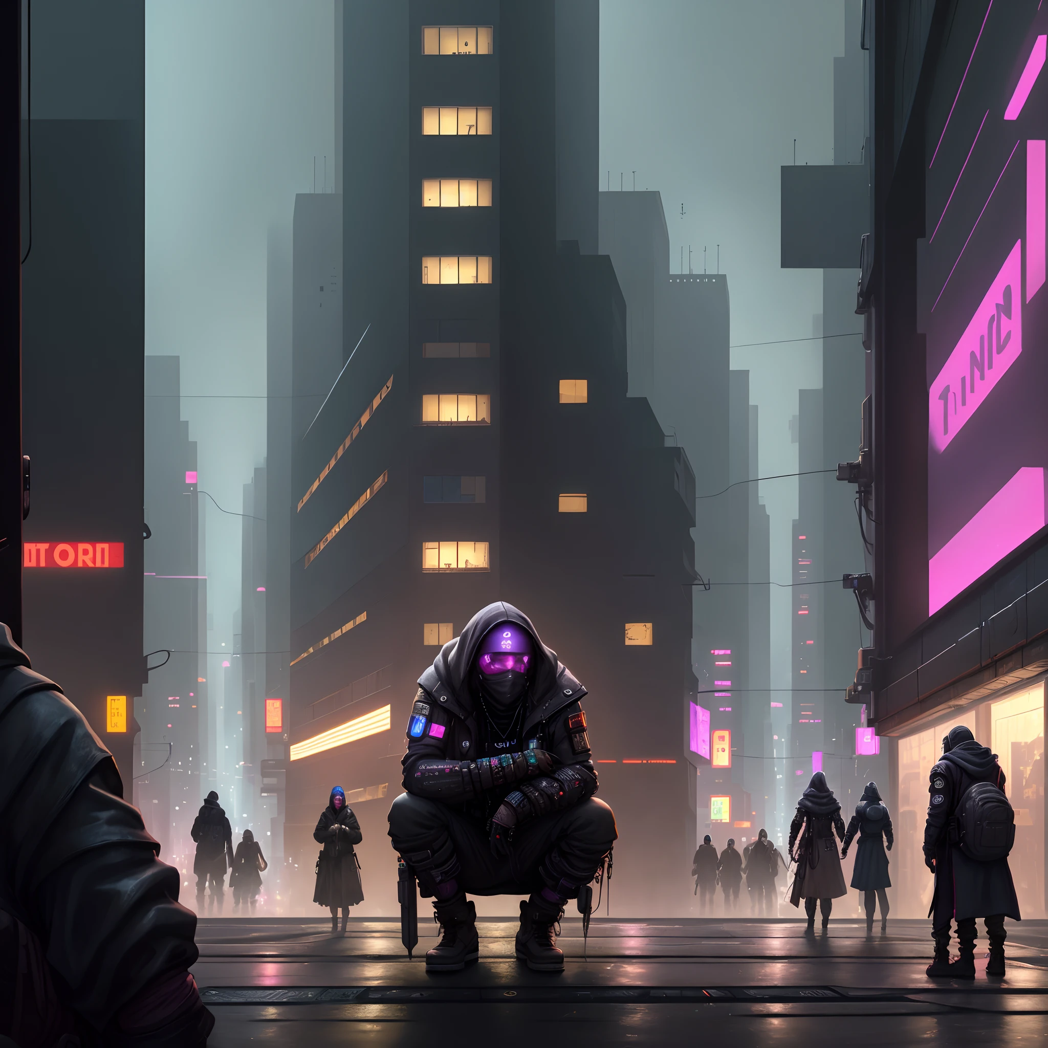 Poor people on a streets in a cyberpunk cit