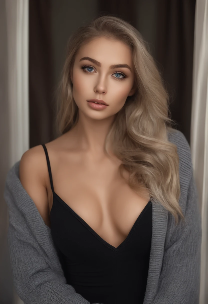 arafed woman fully , sexy girl with blue eyes, ultra realistic, meticulously detailed, portrait sophie mudd, blonde hair and large eyes, selfie of a young woman, bedroom eyes, violet myers, without makeup, natural makeup, looking directly at the camera, face with artgram, subtle makeup, stunning full body shot kneeling on bed, in bedroom, medium to large size bust