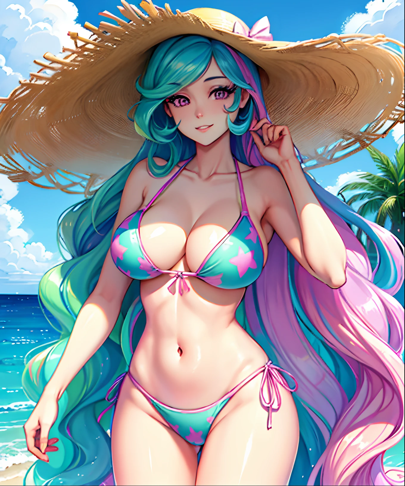 Princess Celestia, Princess Celestia from my little pony, Princess Celestia in the form of a girl, long hair, lush hair, big breasts, voluminous breasts, firm breasts, on the beach, in a swimsuit, pink swimsuit, on schizlong, in sunglasses, in a hat, volumetric shapes, best quality, very detailed, ultra 8k resolution