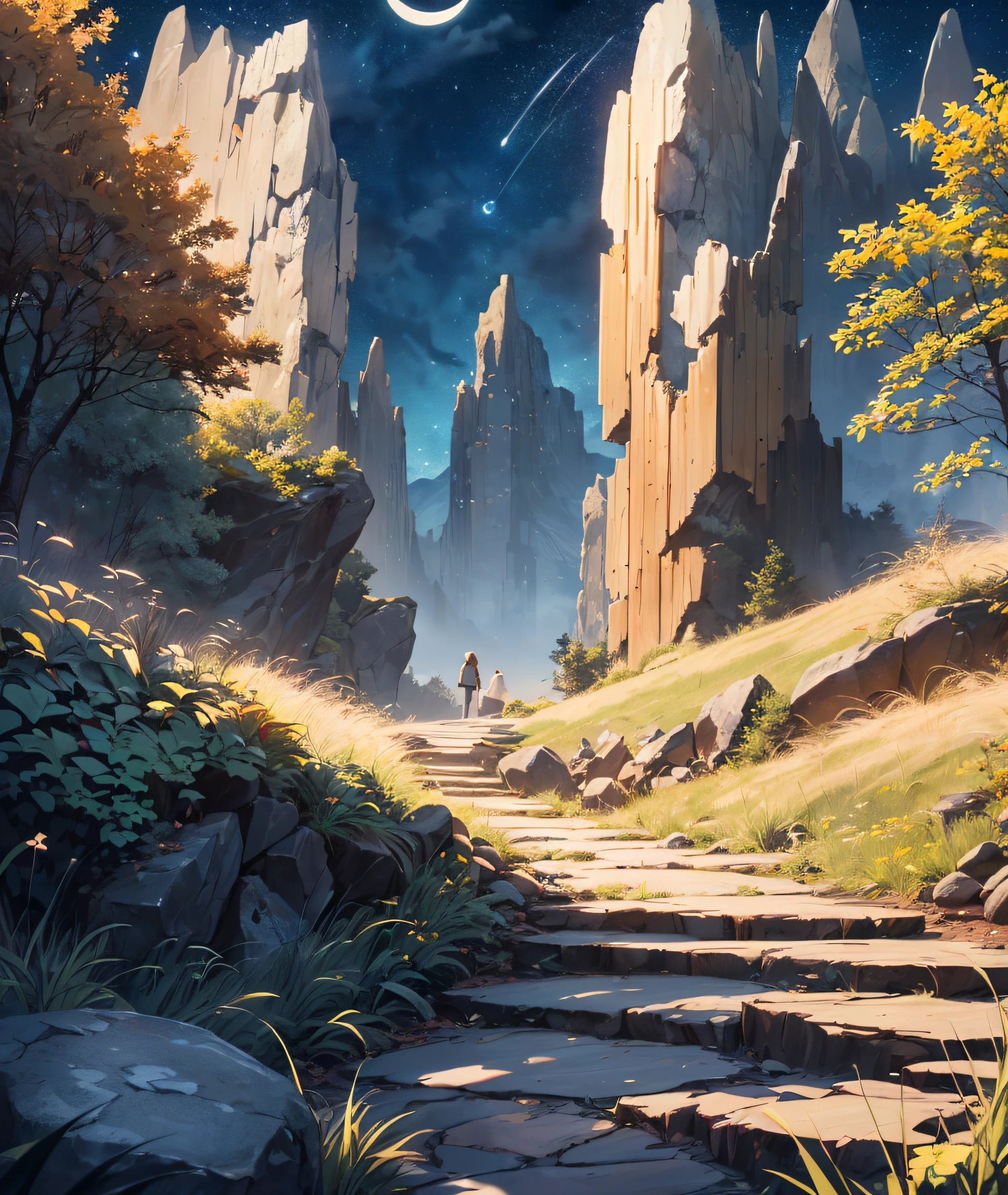 Very good 8KCG wallpapers, very fine 8K CG wallpaper, watercolor (medium), (((dark, Dark Night, Deep Night, the moon))) ((Sky color: dark blue)) (((Natural Background, rock formations, wood))), path, a meadow, ((plein air)) (((Character Deletion))) (((Excluding people)))