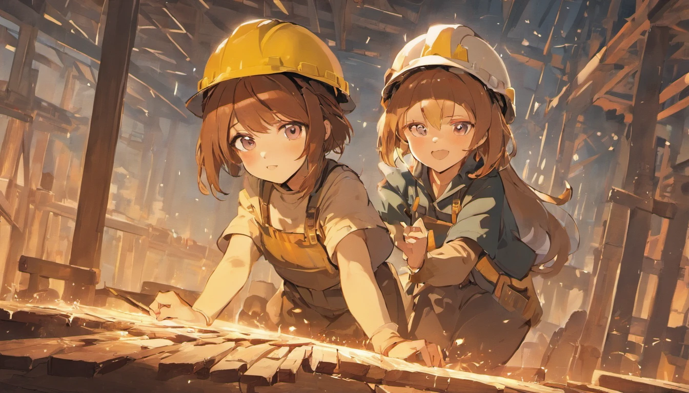 3 Lolis wearing hard hats, 1 girl hammering nails, 1 girl carrying planks, 1 girl reading blueprints, building stuff, construction site background, xinzoruo genshin bili bili