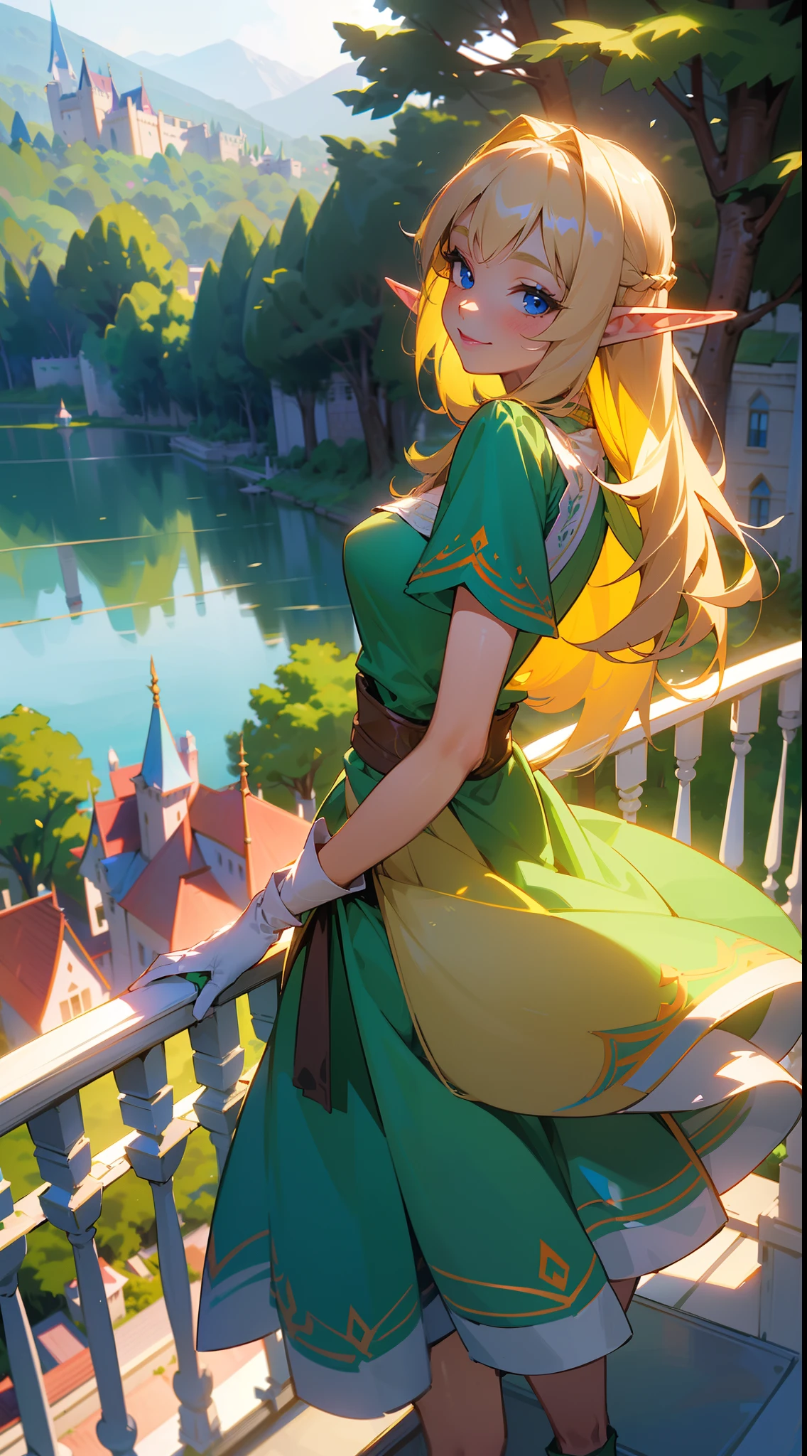 1girl, 30 years old,solo, long hair,medium breasts,elf ears,(light blonde hair), blue eyes, happy face,smile,green princess dress,princess gloves, pink lipstick, ((standing on a balcony in an elf castle,hidden arms, trees, houses,lake,looking at viewer, looking back,sunlight)),cowboy shot