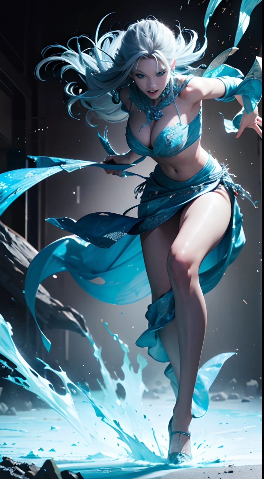 (Best Quality,4K,High resolution), Dark Hero,Superhumanization、(Best Quality,4K,High resolution),transform,An abnormal,sharp eye,Luminescent blue eyes,Facial expression enhancement,,Changing the Appearance of a Transform,Totosman and above,buttle,Reproduce delicate and realistic skin texture in detail,musculature、Realistic portrayal,Vibrant colors,expresive,Classic background(Best Quality,4K,High resolution), Comical appearance,(Best Quality,4K,High resolution), 18yo woman, Blue highlights of gray hair, Long hair, Straight hair, Cool Woman,Superhumanization,Cold eyes ,sharp eye,Torn white and blue clothes with intricate decoration,comic strip,animesque,Comical illustration,busy,Deformed cute illustration,Full body projection,Doomsday World,Fighting,Dark worldview,Delicately reproduced dynamism、Combat stance