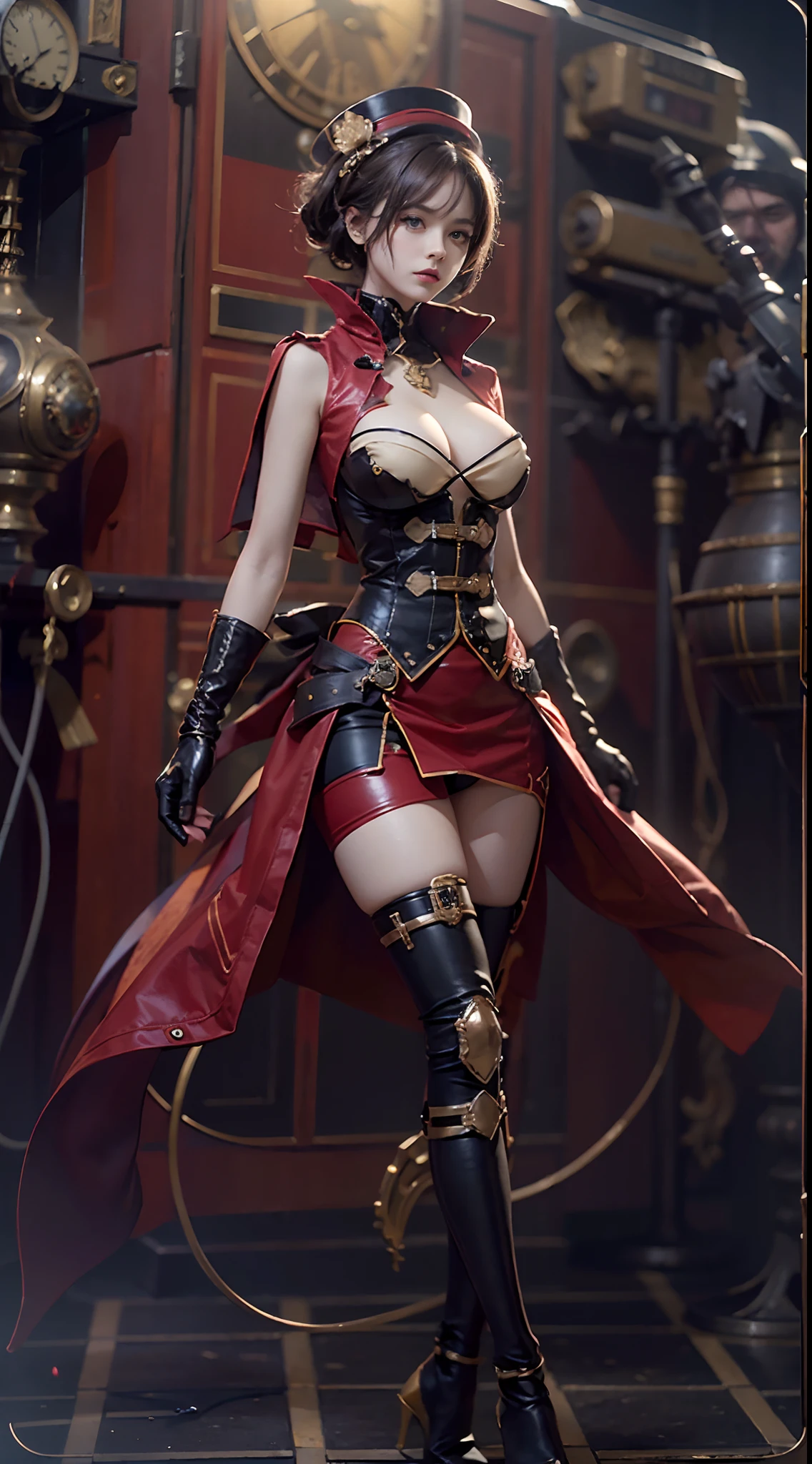 dynamicposes, Steampunk, Costume with red, a heavy atmosphere, (NSFW), 1womanl, 独奏, 24 year old, 7headed body, (Ideal ratio body proportions), (Composition from head to thigh), erectile nipple, Sexy body, Wet, short-hair, Dark hair, small tits, A slender, Small buttocks, beauty legs, Skinny Legs, surrealism, Cinematic lighting, depth of fields, One-person viewpoint, F/1.8, 135 mm, nffsw, masutepiece, ccurate, ((Anatomically correct)), Textured skin, Super Detail, high details, High quality, awardwinning, Best Quality, hight resolution, 8K