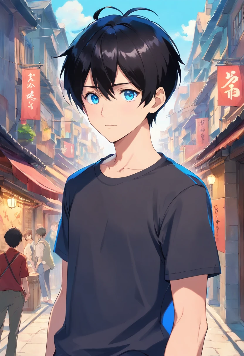 fullbody shot ,various angles.Black hair, Anime style, Character Chart, One-person viewpoint, Anime boy with UHD black hair and black shirt, young anime man, anime moe art style, Anime Boy, Smooth Anime CG Art, Male anime style, artwork in the style of guweiz, A cute boy,rainbows,Anime portrait of a handsome man, digital anime illustration, Short anime guy with blue eyes, male anime characters, boy has short black hair,nffsw,