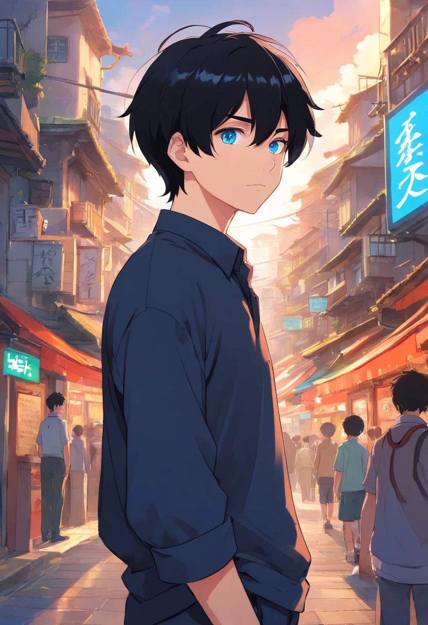 fullbody shot ,various angles.Black hair, Anime style, Character Chart, One-person viewpoint, Anime boy with UHD black hair and black shirt, young anime man, anime moe art style, Anime Boy, Smooth Anime CG Art, Male anime style, artwork in the style of guweiz, A cute boy,rainbows,Anime portrait of a handsome man, digital anime illustration, Short anime guy with blue eyes, male anime characters, boy has short black hair,nffsw,
