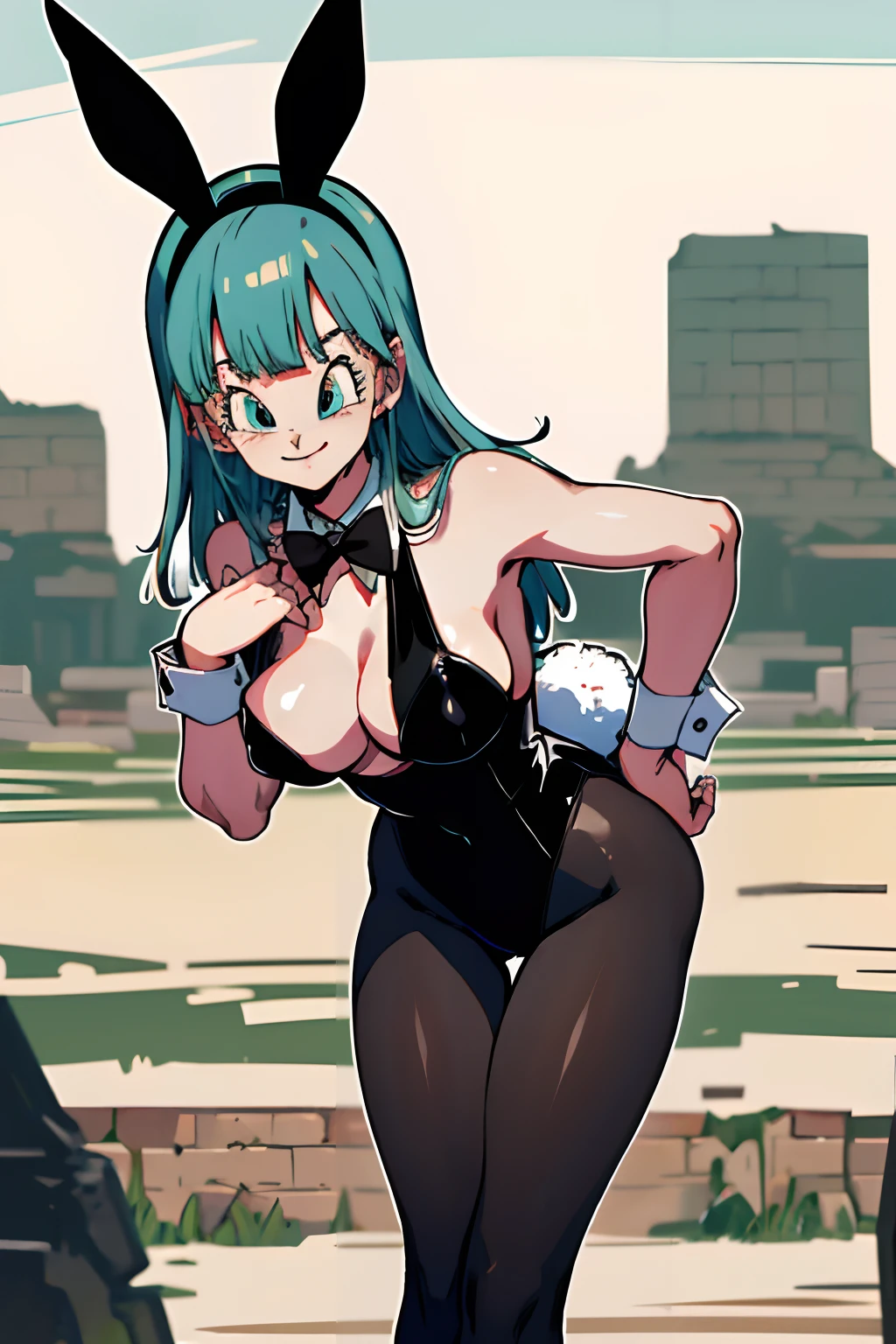 masterpiece, best quality, highres, dragon ball, blmlong, aqua hair, blunt bangs, long hair, playboy bunny, rabbit ears, black pantyhose, red bowtie, wrist cuffs, black leotard, large breasts, cowboy shot, evil smile, (gropping boobs:1.2), ancient ruins, country side, nipples, leaning forward