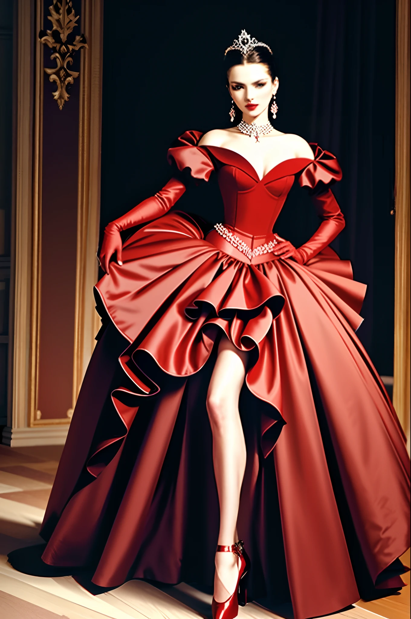 ((Masterpiece, Best quality,Edge quality)),face expressionless,Slim body,High percentage,(Baroque style,Conservative style,red colour,Plain dress,guard,Dignified and noble,Full body photo of girl standing,Photos of the catwalk from head to toe,High heels,CLASSICSTYLE,edgTM, a woman on the ((Dance performance skirt)) Stand on the catwalk ,dressed stylishly, red style,Classical romantic ball dress,