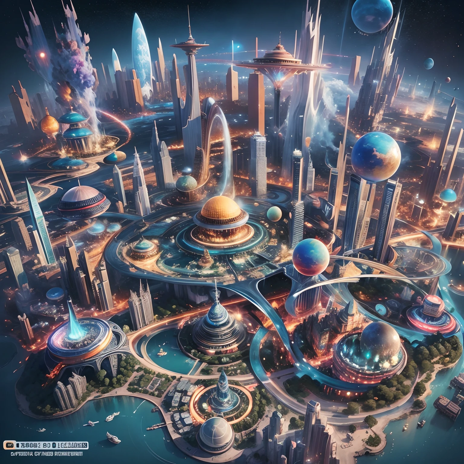 Futuristic cities、Theme parks of the future,Amusement park of the future,Entertainment City,floating in the universe、cyberpunked、Skyscrapers are lined up、A space station、rollercoaster,the Ferris wheel,attraction,top-quality、masterpiece、dream、utopian、planet earth、World of Dreams、Fantasia、𝓡𝓸𝓶𝓪𝓷𝓽𝓲𝓬、Beautiful city、huge waterfall,Space City、A world far beyond human creation