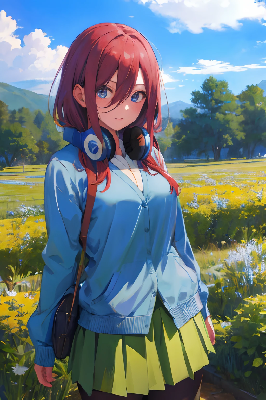 masterpiece, best quality, highres, nm1, headphones around neck, school uniform, long sleeves, blue cardigan, green skirt, pantyhose, cowboy shot, field, wariza