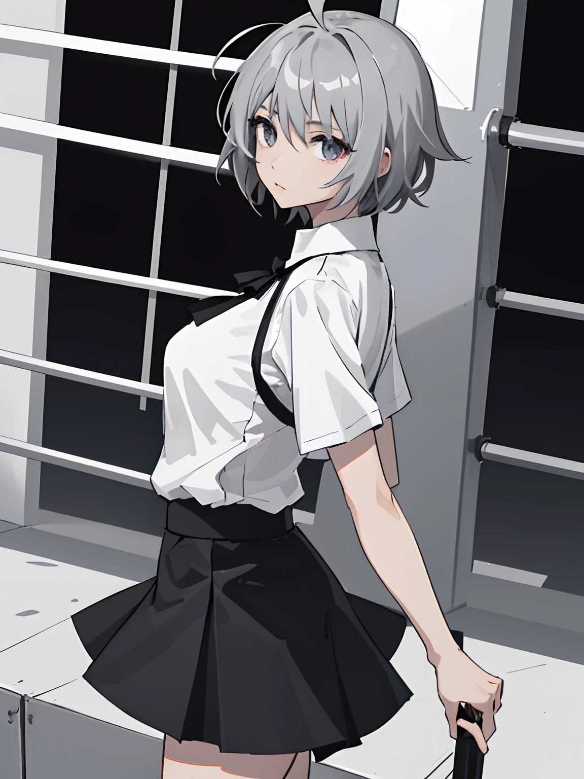 ((Masterpiece, Best Quality)), (1 Girl), (Solo), (Female Focus), (Ahoge, Gray Hair, Short Hair), Black Eyes, (White Shirt), (Black Skirt), (Black Skirt), Standing, White Background, Back Arms