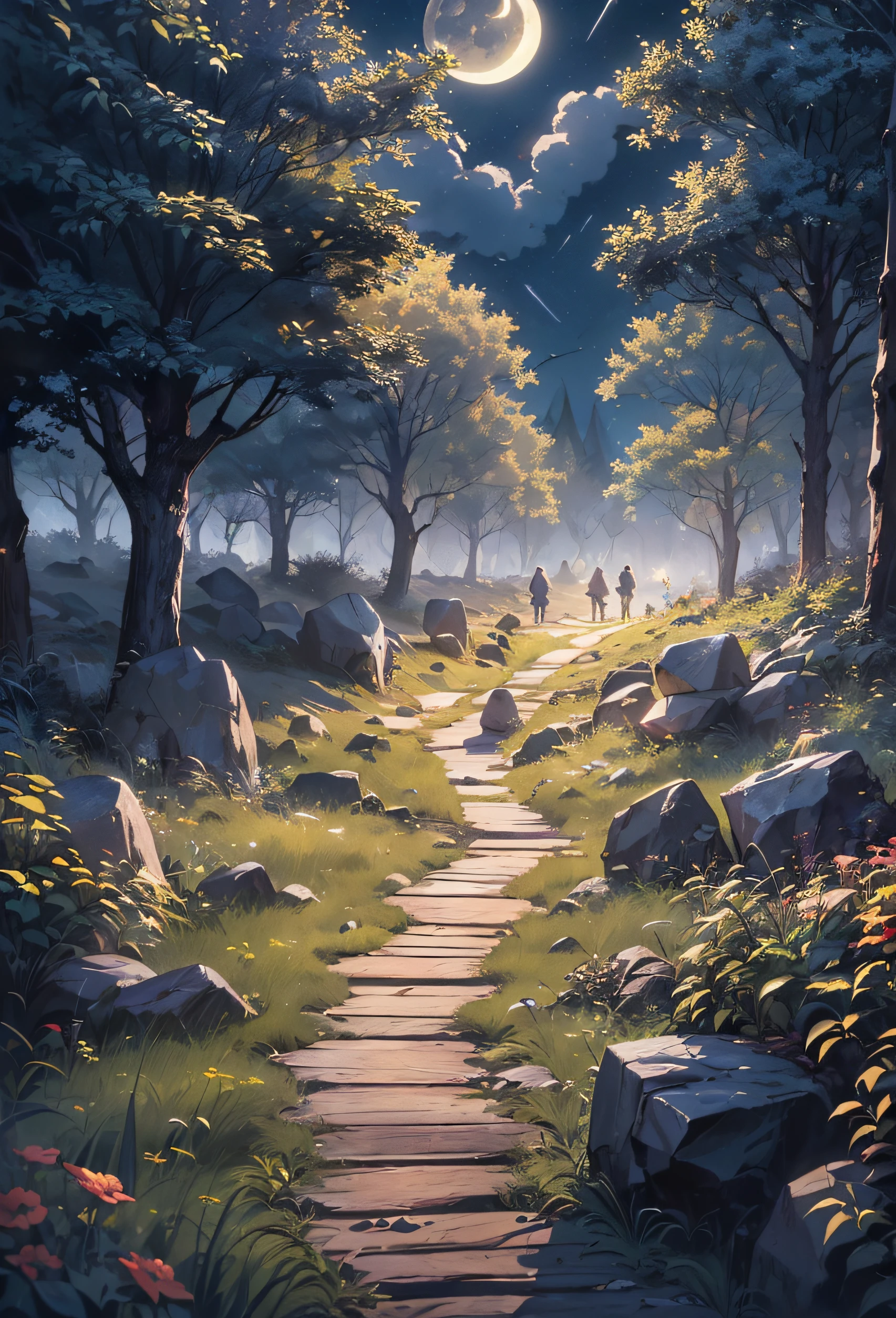 Very good 8KCG wallpapers, very fine 8K CG wallpaper, watercolor (medium), (((dark, Dark Night, Deep Night, the moon))) ((Sky color: dark blue)) (((Natural Background, rock formations, wood))), path, a meadow, ((plein air)) (((Character Deletion))) (((Excluding people)))