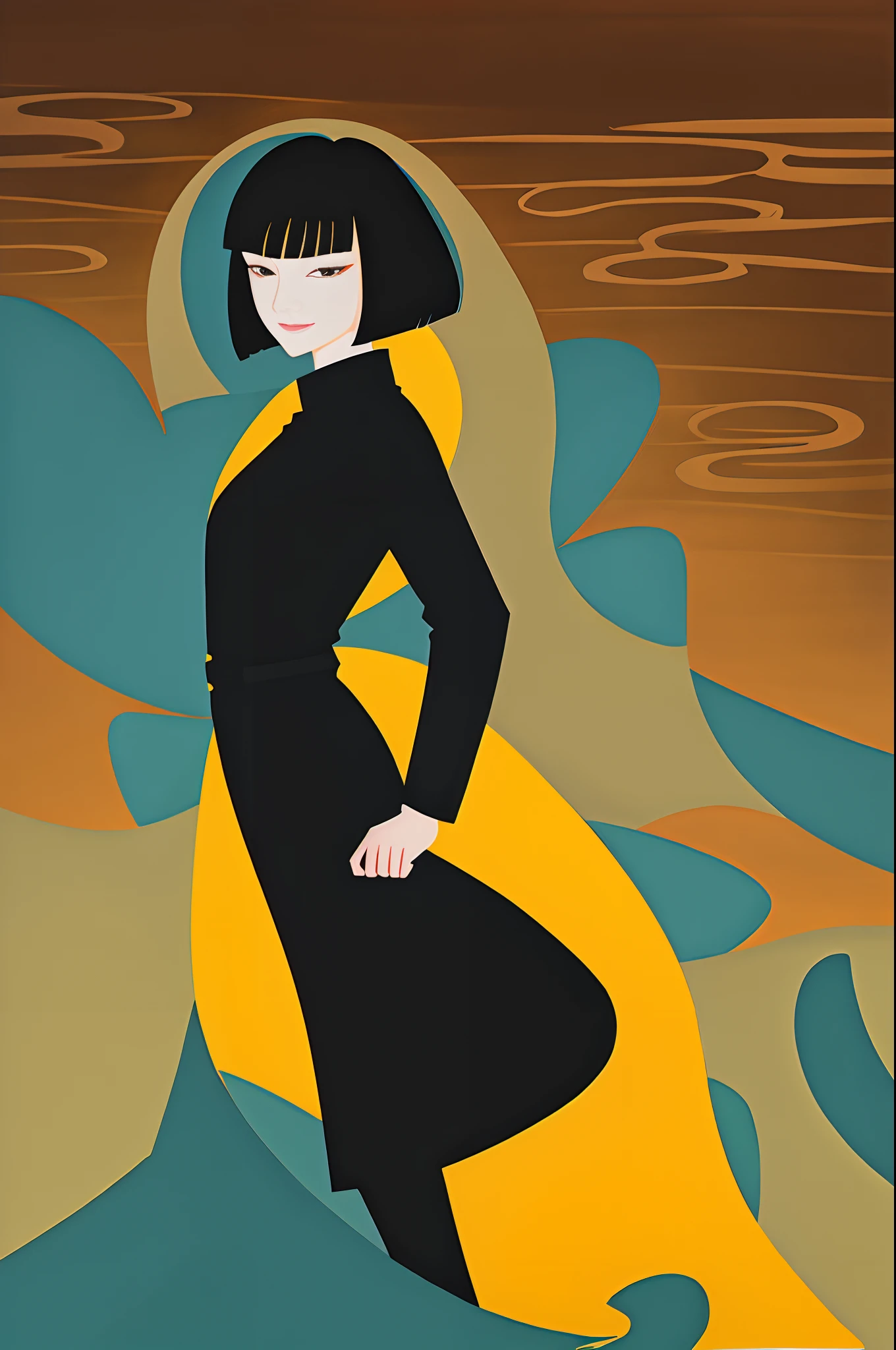 1girl in, Vector art, flat-colors, pop-art, A dark-haired, bob cuts, Full body, lofi color, (Hiperov), (masutepiece,Best Quality:1.5)