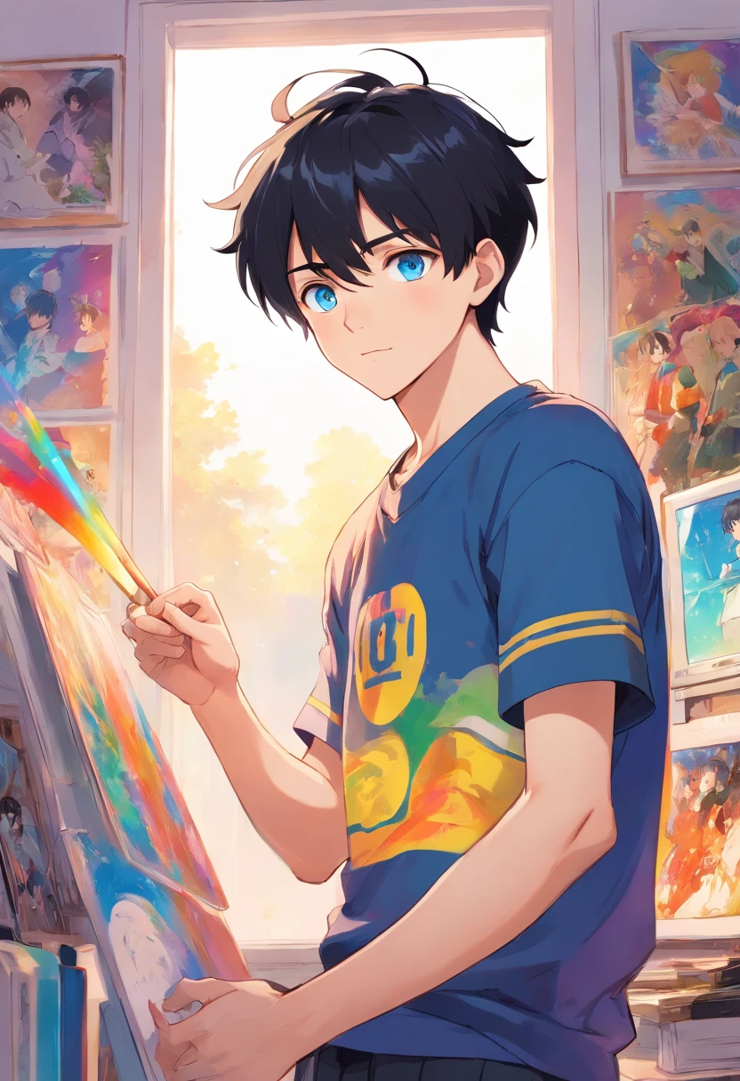 In a white empty room,fullbody shot ,various angles.Black hair, Anime style, Character Chart, One-person viewpoint, Anime boy with UHD black hair and black shirt, young anime man, anime moe art style, Anime Boy, Smooth Anime CG Art, Male anime style, artwork in the style of guweiz, A cute boy,rainbows,Anime portrait of a handsome man, digital anime illustration, Short anime guy with blue eyes, male anime characters, boy has short black hair,nffsw,