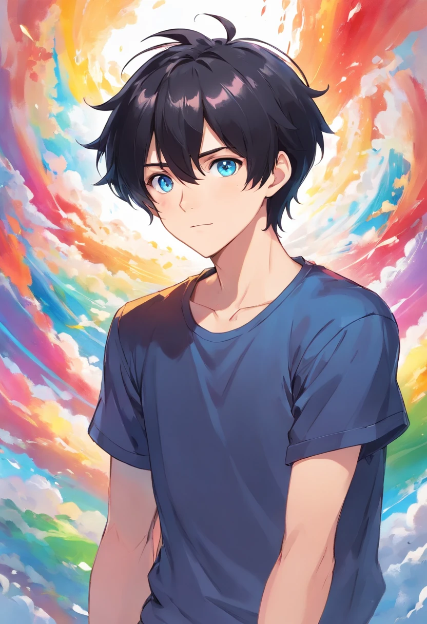 In a white empty room,fullbody shot ,various angles.Black hair, Anime style, Character Chart, One-person viewpoint, Anime boy with UHD black hair and black shirt, young anime man, anime moe art style, Anime Boy, Smooth Anime CG Art, Male anime style, artwork in the style of guweiz, A cute boy,rainbows,Anime portrait of a handsome man, digital anime illustration, Short anime guy with blue eyes, male anime characters, boy has short black hair,nffsw,
