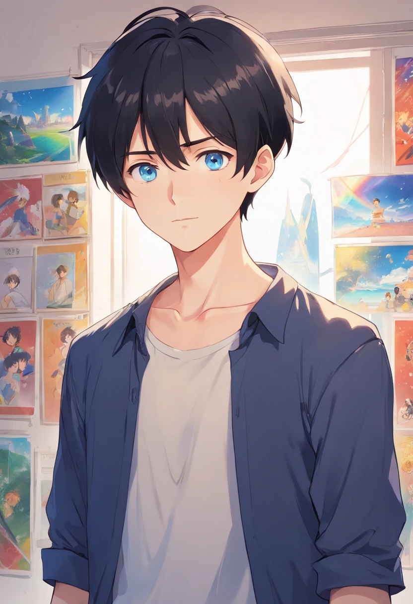 In a white empty room,fullbody shot ,various angles.Black hair, Anime style, Character Chart, One-person viewpoint, Anime boy with UHD black hair and black shirt, young anime man, anime moe art style, Anime Boy, Smooth Anime CG Art, Male anime style, artwork in the style of guweiz, A cute boy,rainbows,Anime portrait of a handsome man, digital anime illustration, Short anime guy with blue eyes, male anime characters, boy has short black hair,nffsw,