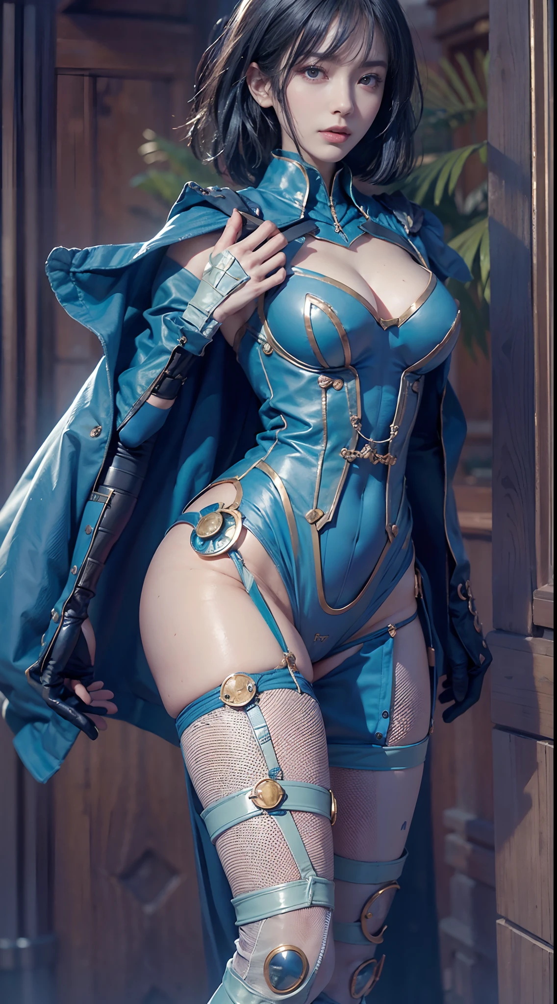 dynamicposes, Steampunk, blue outfit, a heavy atmosphere, (NSFW), 1womanl, 独奏, 24 year old, 7headed body, (Ideal ratio body proportions), (Composition from head to thigh), erectile nipple, Sexy body, Wet, short-hair, Dark hair, small tits, A slender, Small buttocks, beauty legs, Skinny Legs, surrealism, Cinematic lighting, depth of fields, One-person viewpoint, F/1.8, 135 mm, nffsw, masutepiece, ccurate, ((Anatomically correct)), Textured skin, Super Detail, high details, High quality, awardwinning, Best Quality, hight resolution, 8K
