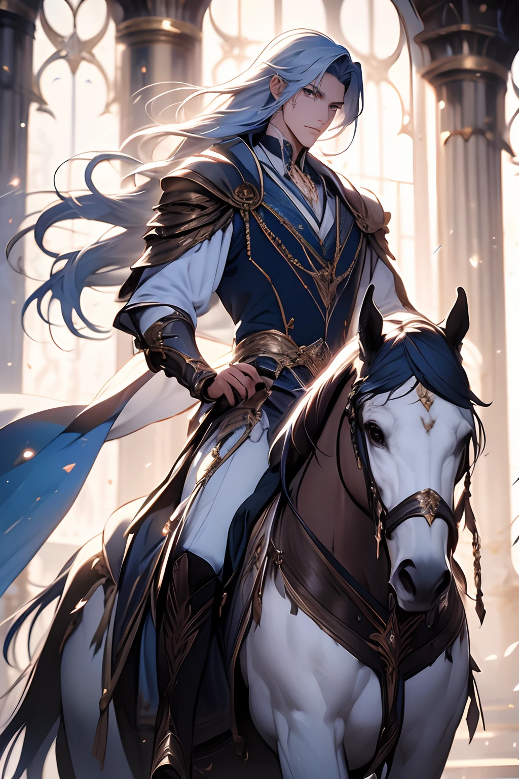 A male，独奏，8K,best qualtiy,Masterpiece, Shoulder blades，Handsome face，Detailed pubic hair，dynamic angle，palace of versailles，Adonis，magnificent robe，choker necklace，Long silver-blue hair，sharp look，mounted on a horse，