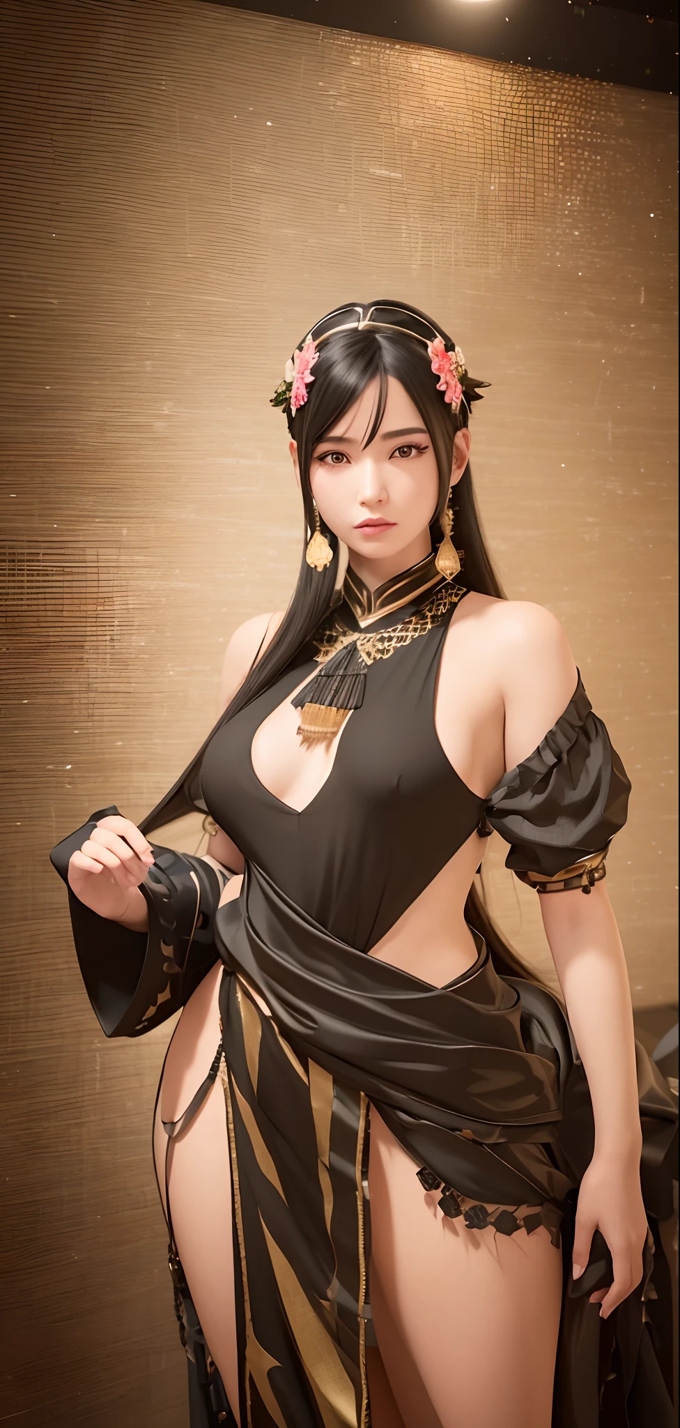 1girl, black hair, long hair with ornament, black clothes, 3d model, realistic, ultra detail, 70mm lens, nice nody like human, octane render