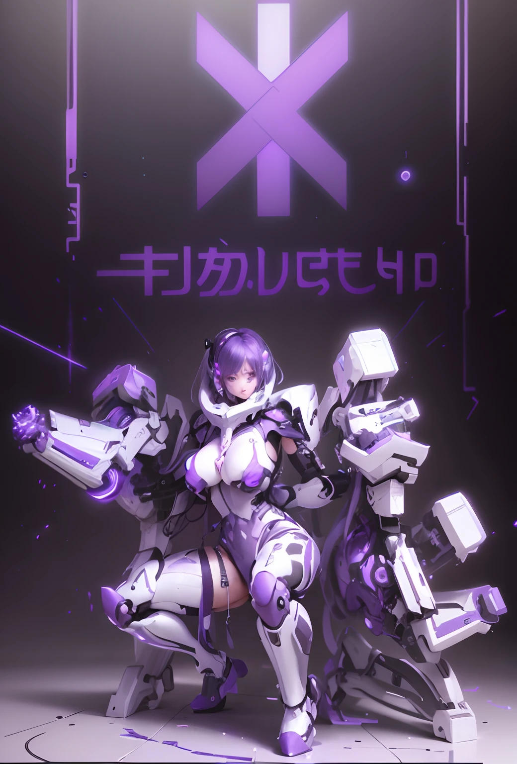 Feminine robot (Colors, White, and Soul Purple), huge_ass, breast_grab, large breasts, Mechanical wings, HDR,UHD,8K, best quality, masterpiece, Highly detailed, sharp focus, extreme detail description, Professional