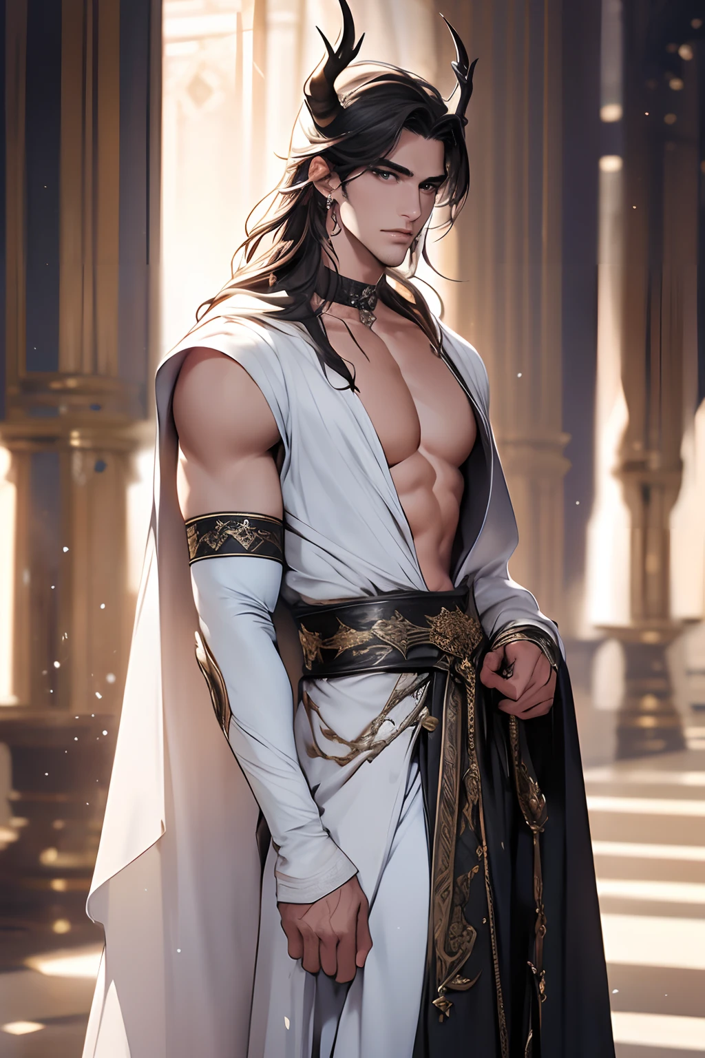 A male，独奏，8K,best qualtiy,Masterpiece, There are dragon horns on the head，Shoulder blades，Handsome face，Detailed pubic hair，dynamic angle，palace of versailles，Adonis，magnificent robe，choker necklace，