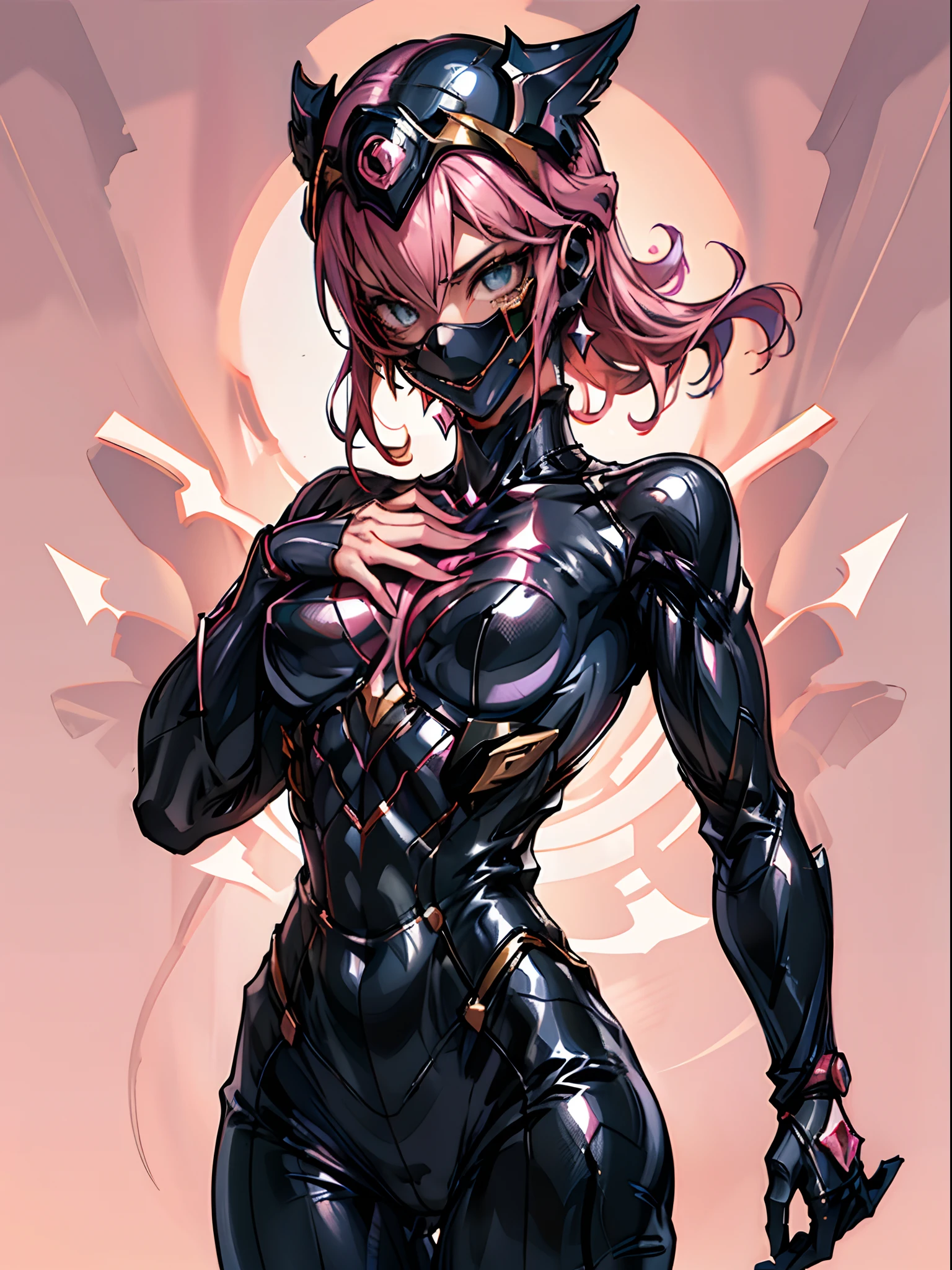 Woman in black bodysuit。(hightquality)(The sheen)Wear a helmet on your head。Subcolor is pink。Shining crystals on the chest。Costume with pink lines。