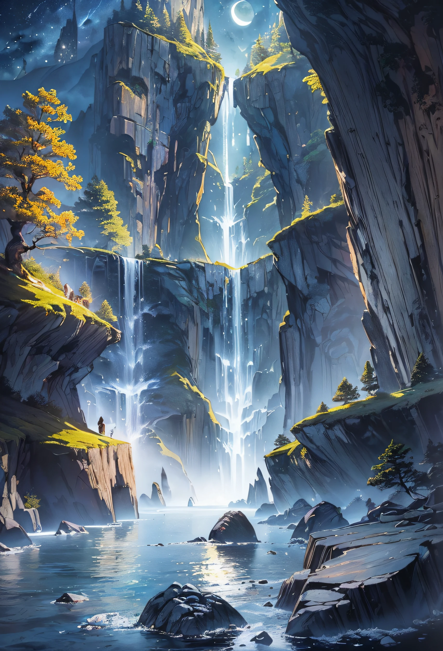 Very good 8KCG wallpapers, very fine 8K CG wallpaper, watercolor (medium), (((dark, Dark Night, Deep Night, the moon))) ((Sky color: dark blue)) (((Natural Background, rock formations, wood))), cliff, Mountain Summit ((plein air)) (((Character Deletion))) (((Excluding people)))