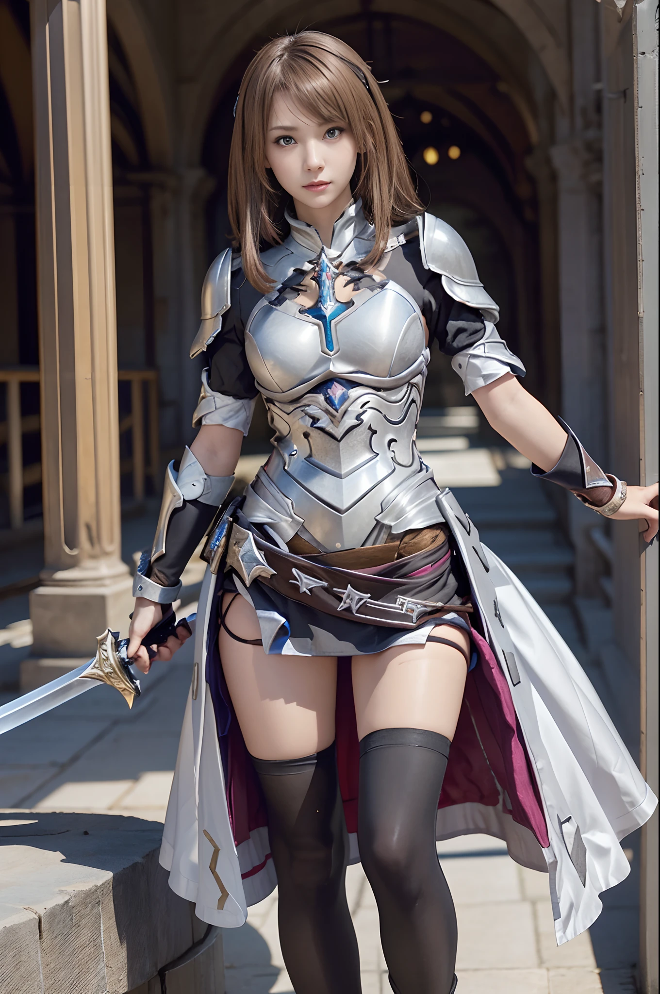 high resolution、Great quality、High resolution、4K、Fantasy girl with light brown hair、16 years old, The chest is a huge chest、 There are lots of folded decorations、Pantyhose that are slightly see-through、Medieval RPG-style clothing made with plenty of fabric、Close-up portrait of a person holding a large sword, high quality character design, Great character design, Female Knight, Interesting character design, RPG Characters,, Female protagonist 👀 :8, Armor Girl, Full body character design,Full body shot in gravure pose、Exposing the breasts、??????、