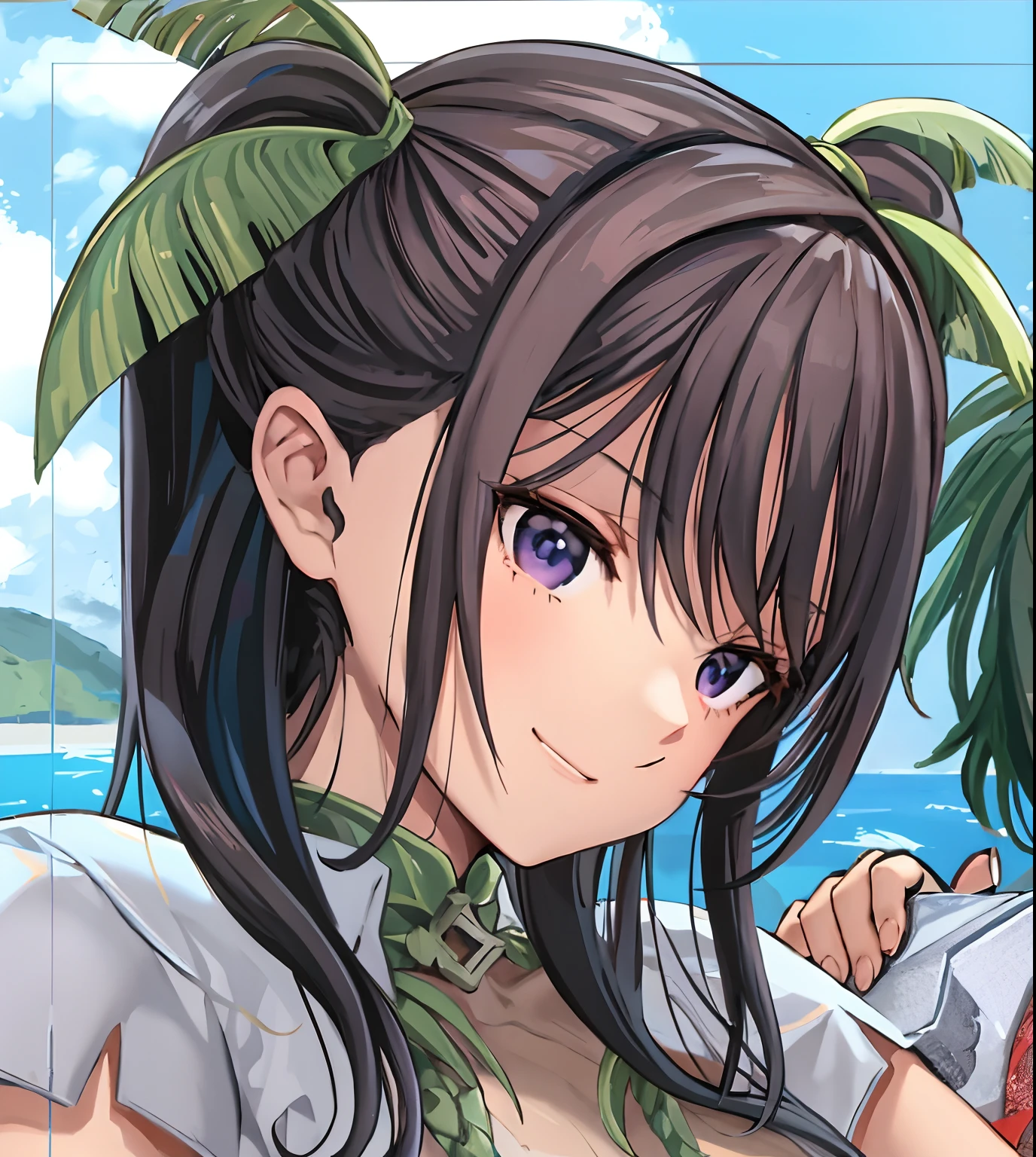 (​masterpiece, top-quality, detaileds), ((anime screencap:1.20)), 1 girl, (hokko tarumae \(umamusume\)), (long hair:1.2), ((twin braids:1.10)), (hair ornament:1.5), (animal ears, horse girl), (white belet:1.5), cute, (((slingshot swimsuit:1.50))), (((saggy huge breasts:1.20))), ((puffy nipples:1.5)), ((huge areola:1.20)), (((covered nipples:1.10))), (plump body), ((cute smile, happy)), ((pubic hair peek:1.6,hairy:1.6)), (((breasts apart:1.20))), (Detailed hands and fingers:1.2), (Detailed ultra-oily shiny skin:1.1), beach, day, (dynamic pose:1.10), (dynamic angle:1.5), ((cowboy shot:1.10)),