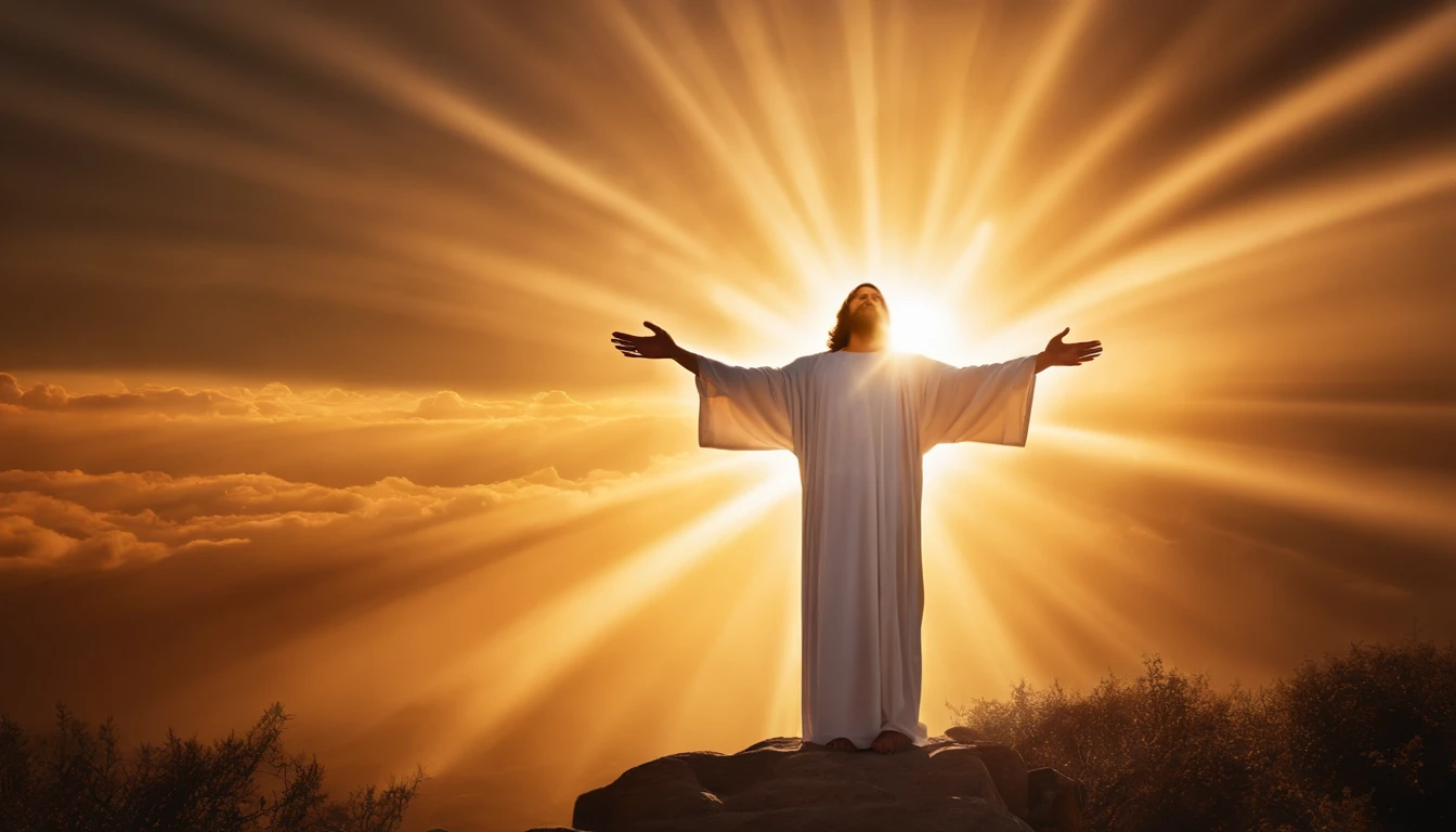 Image of Jesus Arapeddik in the clouds with outstretched arms, Holy and divine rays, Jesus Christ in the heavenly air, A bright light from heaven, Celestial Light, bright light masterpiece, Shining God Ray, divine light, The new rays of the sun, Majestic light, The Holy Ray of Spiritual Light, The Lord and the Savior, Jesus, Filled with holy light,  Holy rays