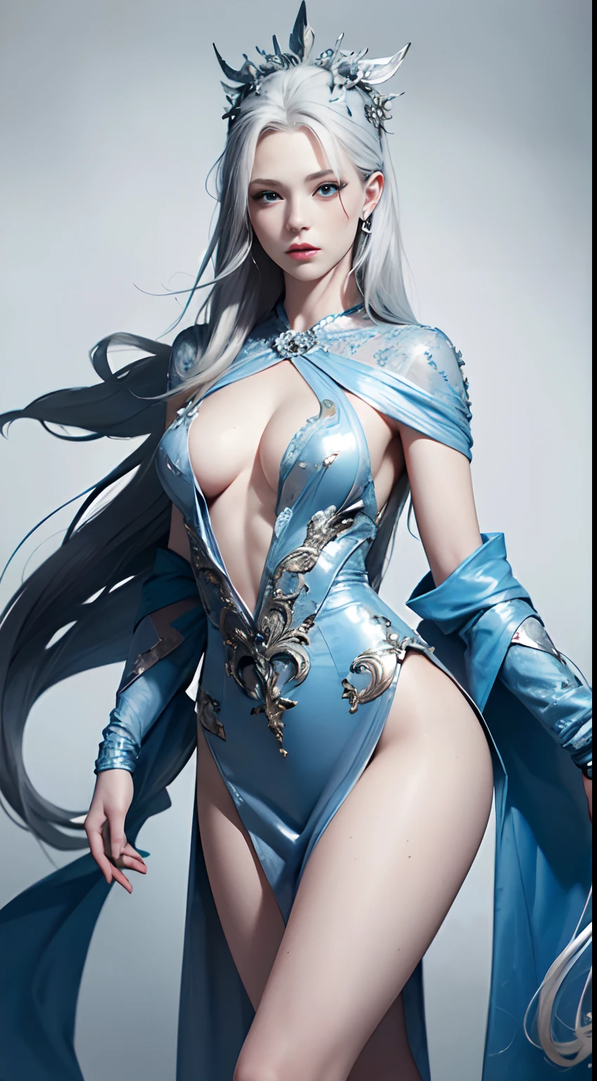 (Best Quality,4K,High resolution), Angel Girl,(Best Quality,4K,High resolution),silvery-white hair on a white body, body with gray hair all over the body,,,, transform,An abnormal,sharp eye,Luminescent blue eyes,Facial expression enhancement,,Changing the Appearance of a Transform,beast,Beastification,buttle,Reproduce delicate and realistic skin texture in detail,musculature、Realistic portrayal,Vibrant colors,expresive,Classic background(Best Quality,4K,High resolution), Comical appearance,(Best Quality,4K,High resolution), 18yo woman, Blue highlights of gray hair, Long hair, Straight hair, Cool Woman,Wolfification,Cold eyes ,sharp eye,Torn white and blue clothes with intricate decoration,comic strip,animesque,Comical illustration,busy,Deformed cute illustration,Full body projection,Doomsday World,Fighting,Dark worldview,Delicately reproduced dynamism、Combat stance