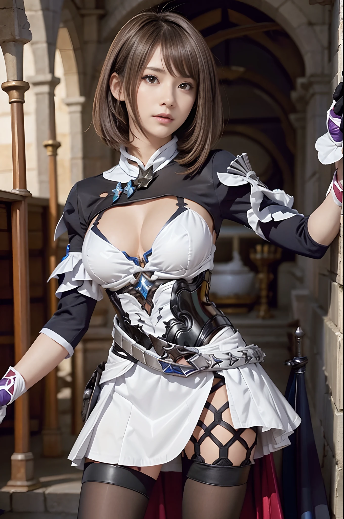 high-level image quality、amazing quality、hight resolution、4K、Fantasy girl with light brown hair、Breasts are huge breasts、Miniskirts with many folded decorations、Pantyhose to make the skin a little transparent、Medieval RPG-style costumes with plenty of fabric、Close up portrait of a person with a big sword, high quality character design, great character design, Female knight, interesting character design, rpg character,, Female protagonist 👀 :8, armor girl, full body character design,Shoot your whole body in dynamic and sexy poses