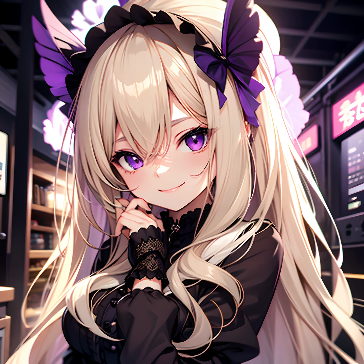 Cute  s、long、Smile、pale blonde hair、Purple Eye、Lolita、gotik、tobacco