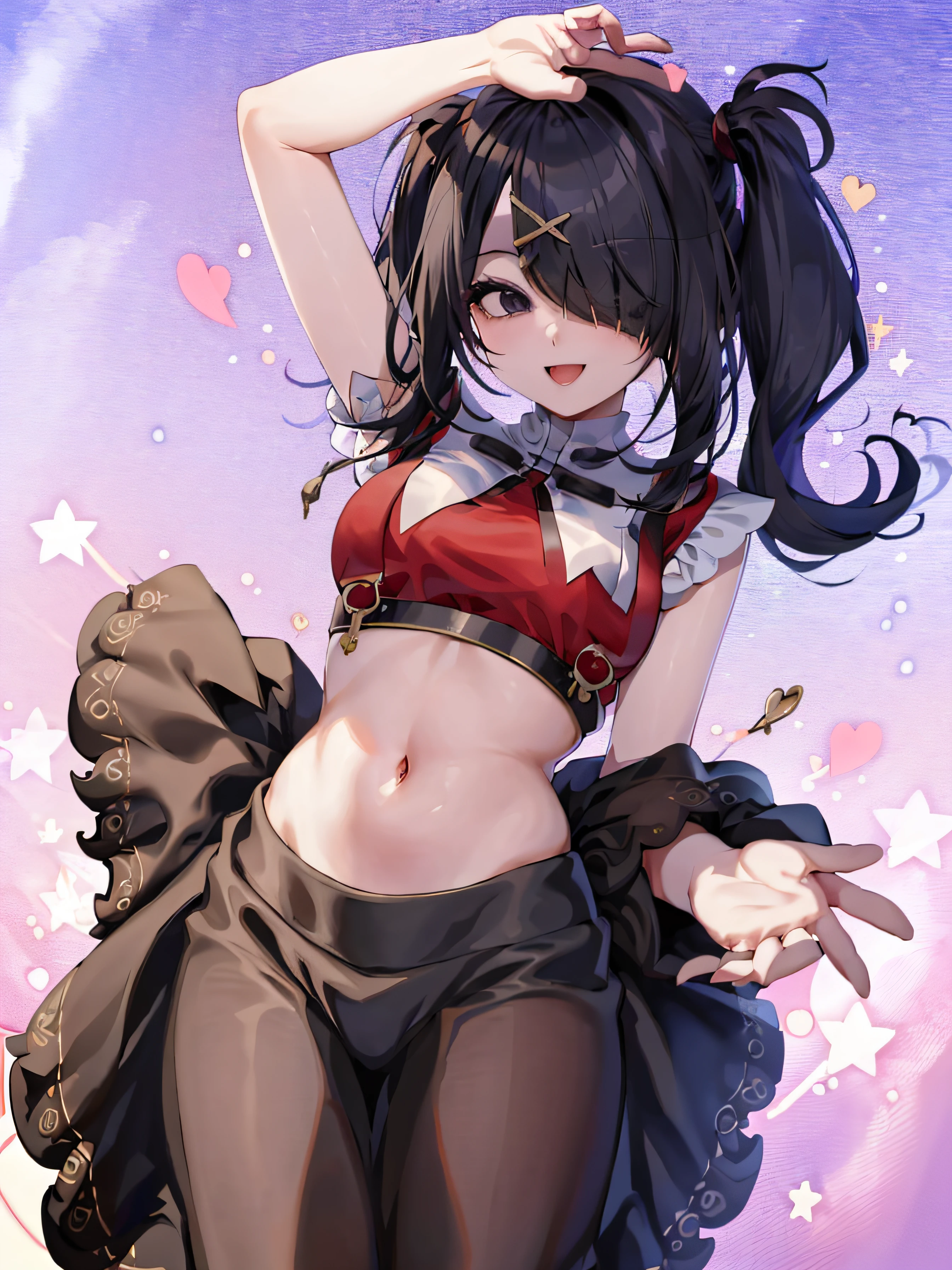 masterpiece, best quality, 1girl, solo, ame-chan, midriff, bare stomach, chubby stomach, black skirt, standing, light smile, happy, sky background, perfect hands, perfectly draw hands