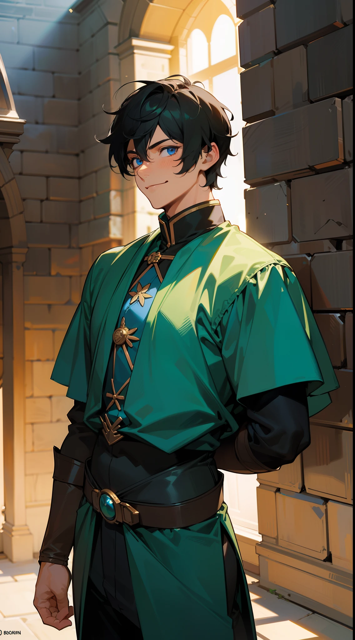 1boy, 30 years old,mature male,sexy, sensual,tanned skin,solo, short hair,black hair,,blue eyes, happy face,green and black governant outfit, ((standing in a castle,hidden arms,sunlight)),cowboy shot
