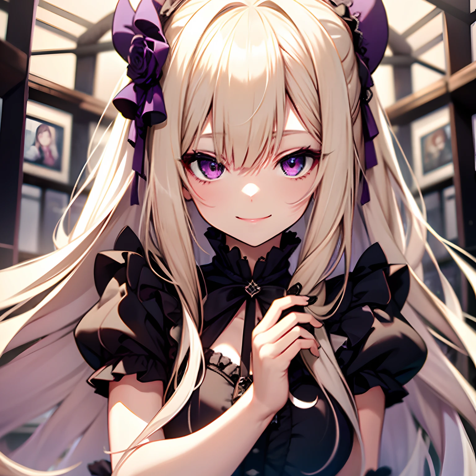 Cute  s、long、Smile、pale blonde hair、Purple Eye、Lolita、gotik、tobacco