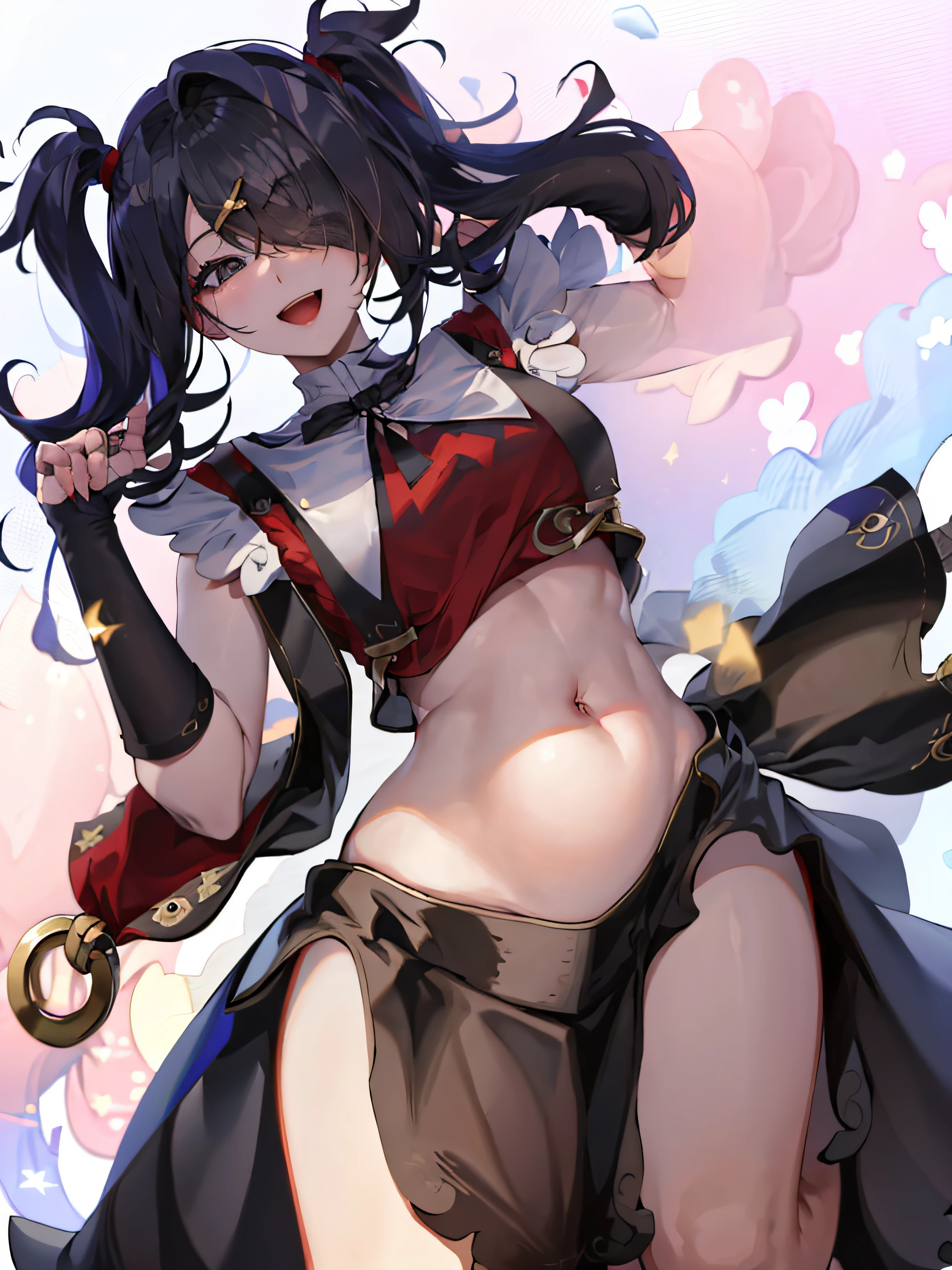 masterpiece, best quality, absurdres, 1girl, solo, ame-chan, midriff, bare stomach, black skirt, standing, light smile, happy, sky background, perfect hands, perfectly draw hands