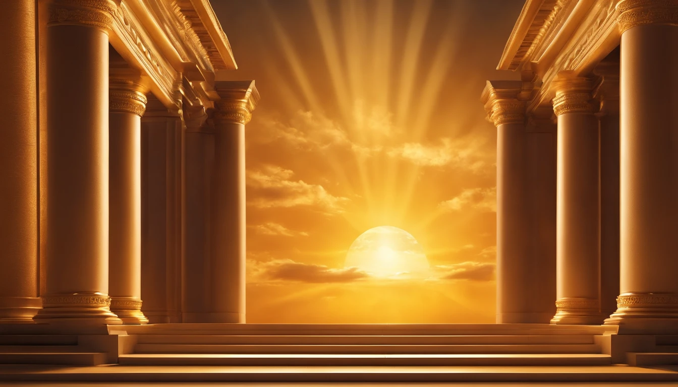 Illustration of a staircase leading to a doorway where light enters, The Golden Gate of Heaven!!!!!!!!, Pillar of pure gold, The Gate of the High Golden Sky, The Golden Pillar, Temple Background, lampshade light shaft, Tabernacle Deep Focus, light kingdom backdrop, The Temple of Truth is White, Where the sun shines in the center, Heaven's Gate, Greek Temple Background