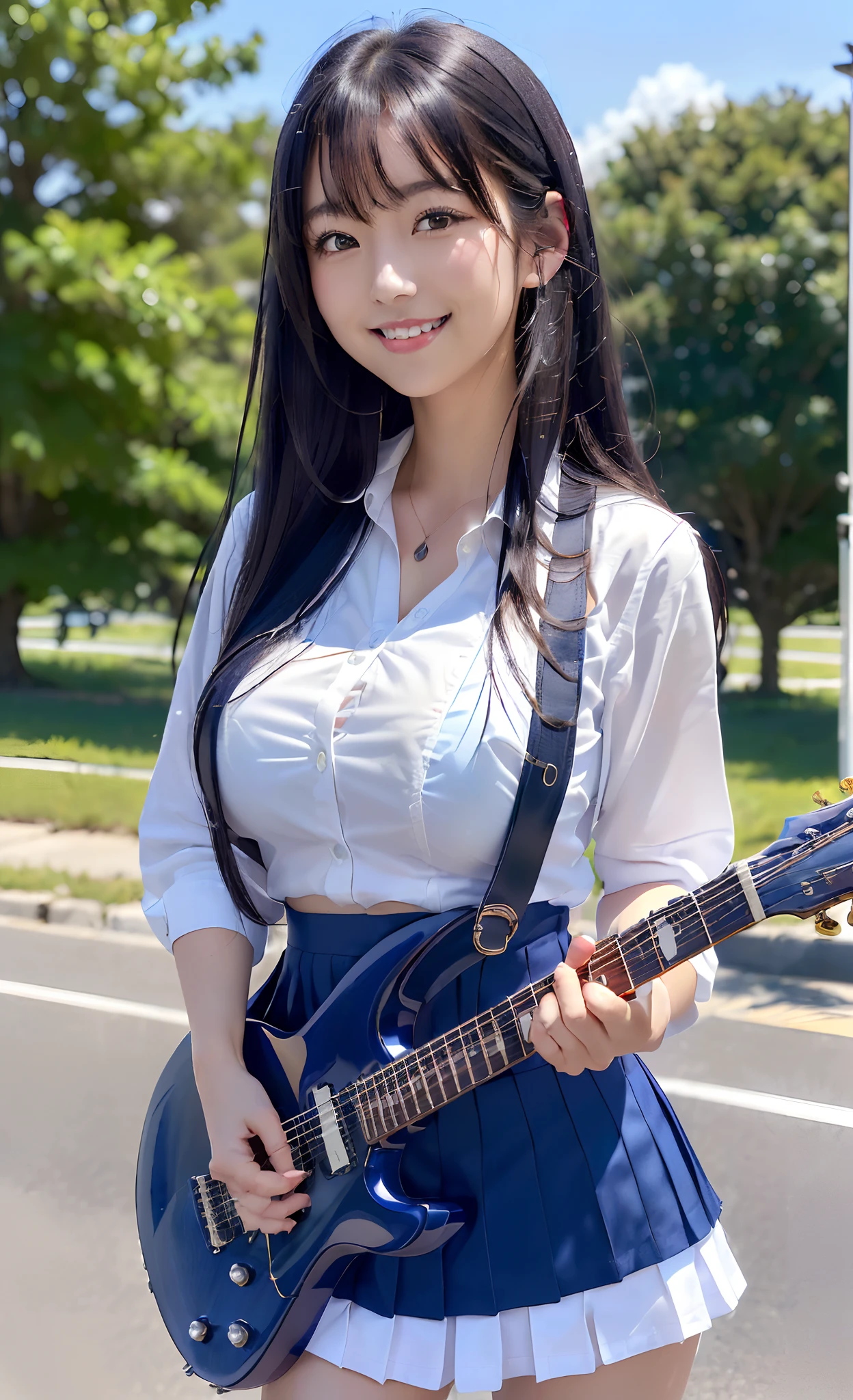 (8K, 超A high resolution, Best Quality, masutepiece:1.1),(18year old:1.1)、(Look away)、8K、RAW portrait of japanese girl、Photorealsitic、超A high resolution、top-quality、 (quite massive chest、Pretty big breasts、Toned and slender body:1.15)(Electric guitar player、plays the electric guitar、White shirt、Check Pleated Mini Skirt、Twosome schoolgirls:1.25) (High School Girl Light Music Club、quite massive chest、Pretty big breasts、Hide all breasts、Black hair straight hair、 Super cute、Cute smile、Put a white shirt inside a navy miniskirt、Two High School Girls:1.6)(On the roadside with a view of the sea、Twosome、Two schoolgirls perform:1.1)