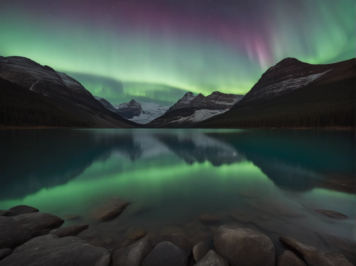 An awesome landscape photo，Capture the breathtaking beauty of the Northern Lights. The sky is decorated with vibrant and colorful auroras, creating a mesmerizing play of light and shadow. In the distance, Majestic mountains and tranquil lakes provide a stunning backdrop for the aurora display. This high-resolution photo shows the fascinating and realistic beauty of natural phenomena. Small travelers stop to watch，Face away from the picture