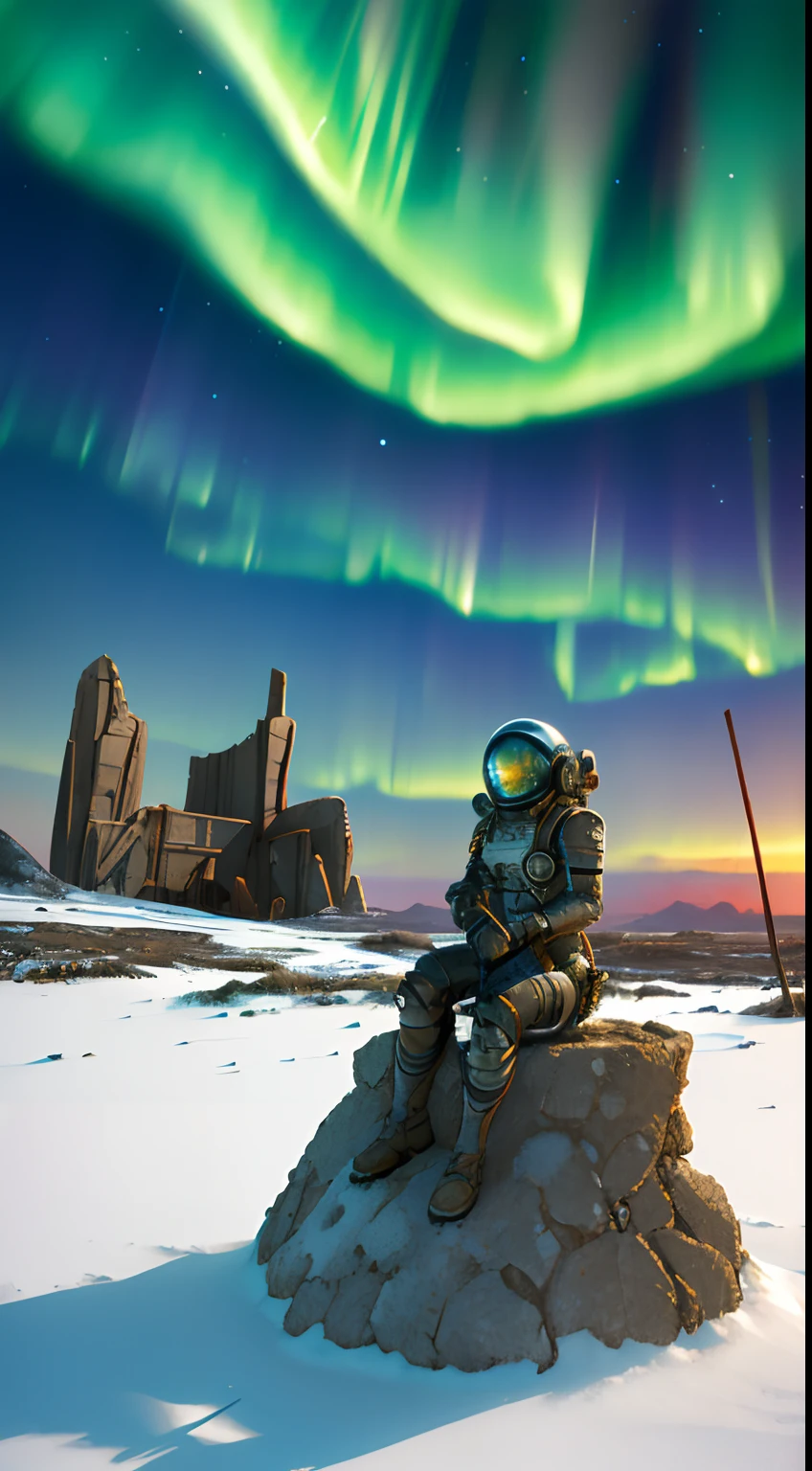 Create a scene depicting a desolate post-apocalyptic world, with impressive ruins, mutant plants and a horizon lit by an alien aurora, that captures the essence of Michael Whelan's iconic fantasy landscapes, female astronaut sitting on snow field ,giga_busty