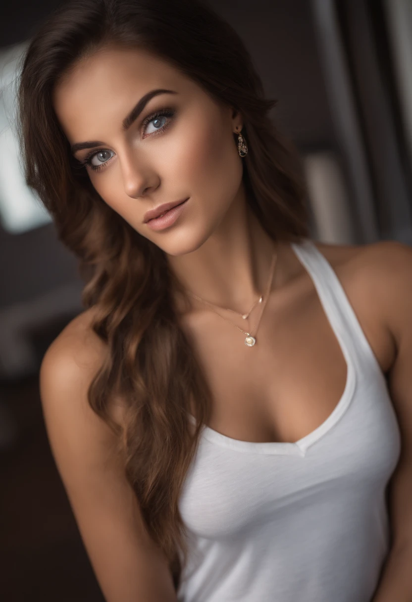 arafed woman with a white tank top and a necklace, sexy girl with green eyes, brown hair and large eyes, selfie of a young woman, bedroom eyes, violet myers, natural makeup, looking directly at the camera, face with artgram, subtle makeup, piercing green eyes, beautiful angle, attractive pose, cute girl, sexy pose, portrait, looking to the camera, brunette goddess, high detail, satisfied pose, textured skin, freckles in the face,  (imperfect skin:1.1), visible skin detail