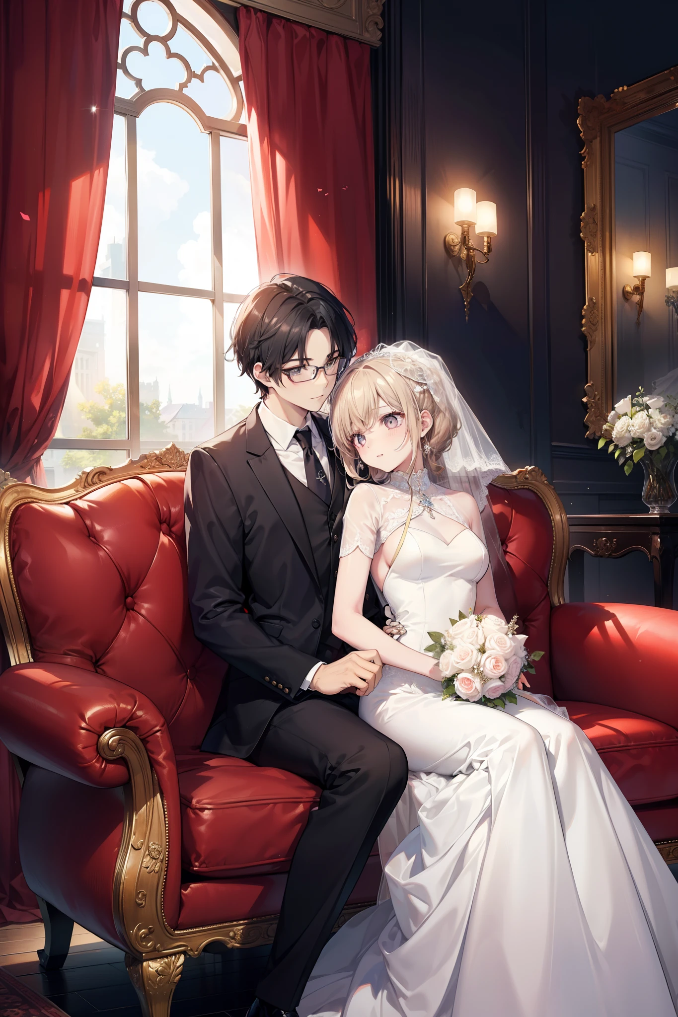 top-quality tmasterpiece Male and female couples The girl sits on the sofa,Wear a wedding dress。The boys hugged each other from behind。Man in a suit。Woman with glasses、Revenge relationship