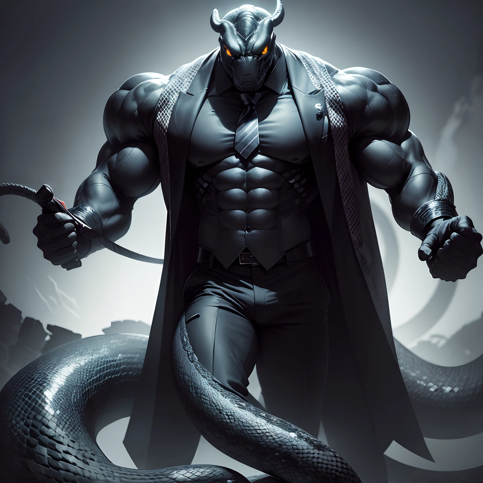 Humanoid snake muscled , with a snake's head black with a tail with 2 huge arms , in suit with a tie , full body