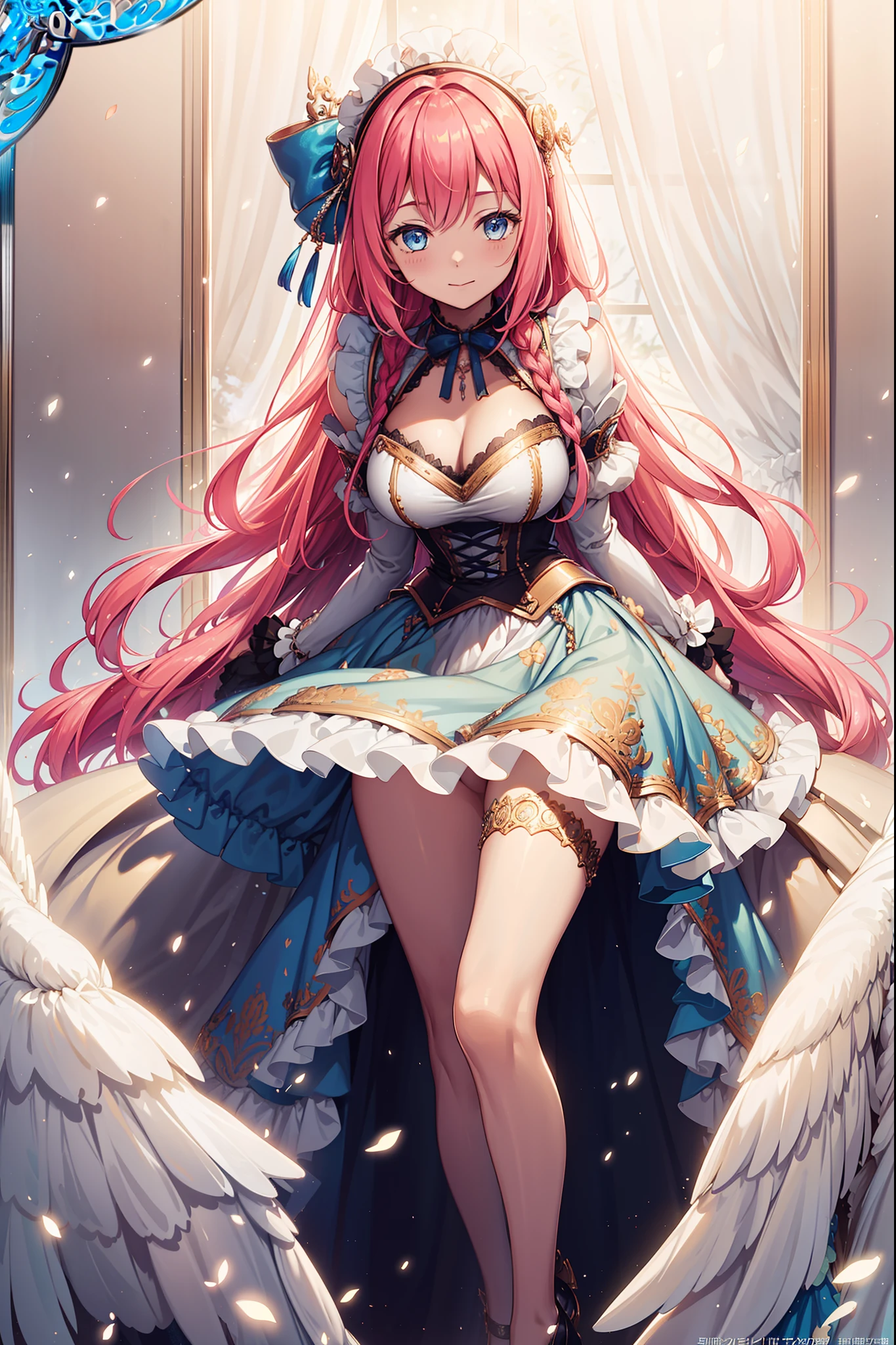 (Best quality, A high resolution, Textured skin, High quality, High details,Extremely detailed CG unity),s girl,Enchanted,Divine happiness,Being in love,(Light Victorian dress:1.2),Pink hair,eBlue eyes,(Fabric headdress),Maximalism,Multiple layers of delicate ruffles,Lots of lace,Multi-colored cloth,Delicate embroidery,Delicate pattern,Fabric headdress,exquisite costumes,see-through transparent clothes,Bedrooms,the night,glittery,(Dazzle:1.3),Movie lighting,the night,solo person,Fluttering skirt,Maid folds,A sexy pose