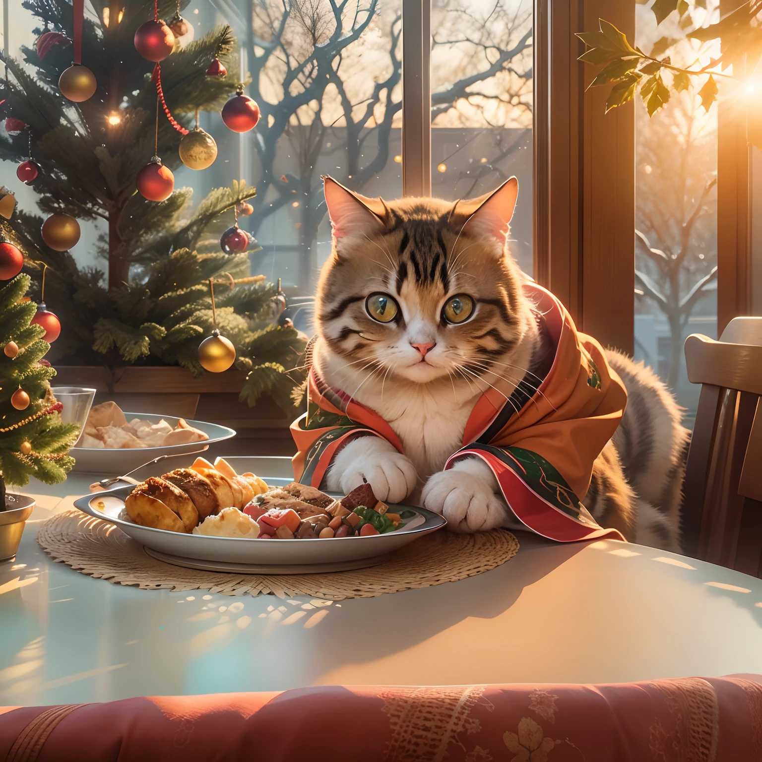 A round-eyed meow cat,Wear the robe of the Holy Faith,Eat a turkey dinner, Christmas tree next to the restaurant, Sunlight outside the window.