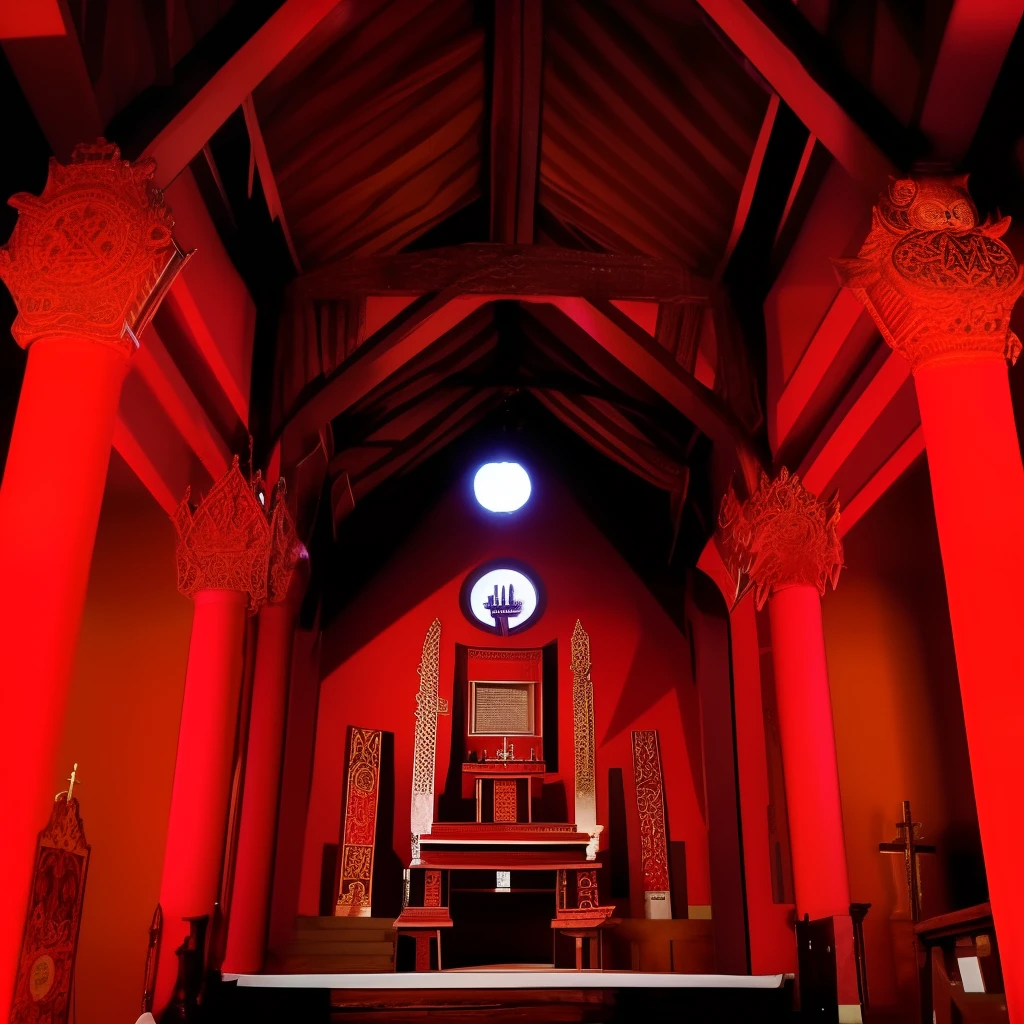 Um templo religioso em um lugar ensanguentado, com muitos fies, lugar assustador, A satanic church, Red church with symbol of an owl