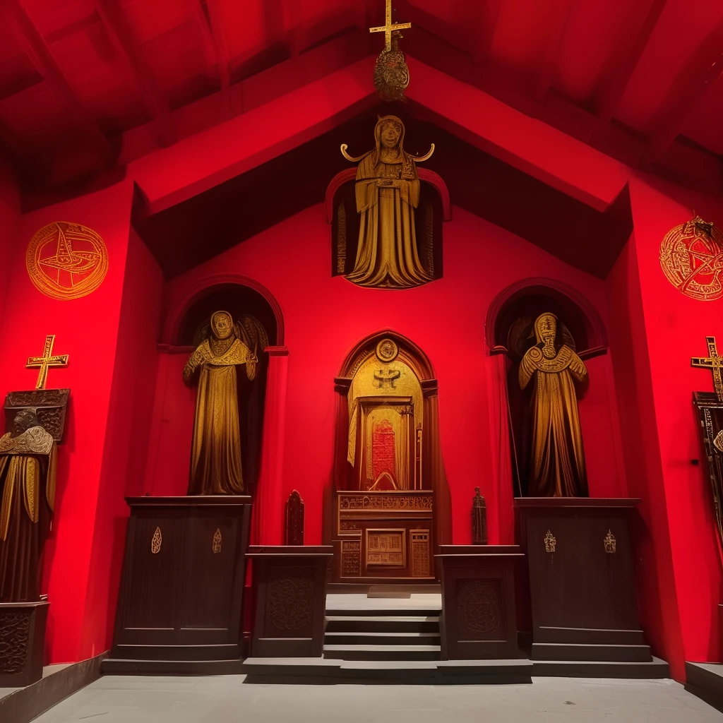 Um templo religioso em um lugar ensanguentado, com muitos fies, lugar assustador, A satanic church, Red church with symbol of an owl