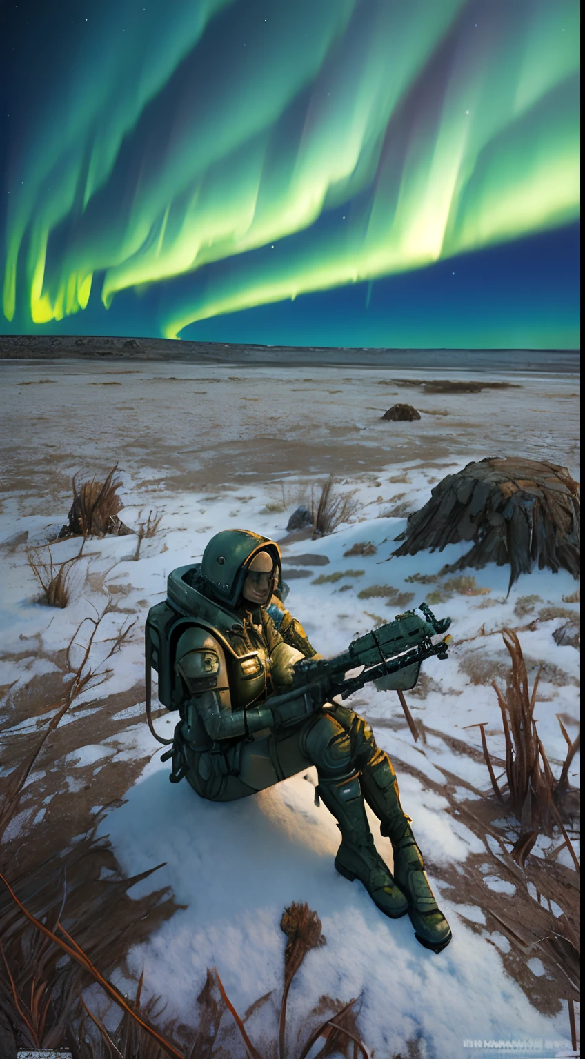 Create a scene depicting a desolate post-apocalyptic world, with impressive ruins, mutant plants and a horizon lit by an alien aurora, that captures the essence of Michael Whelan's iconic fantasy landscapes, female astronaut sitting on snow field ,giga_busty